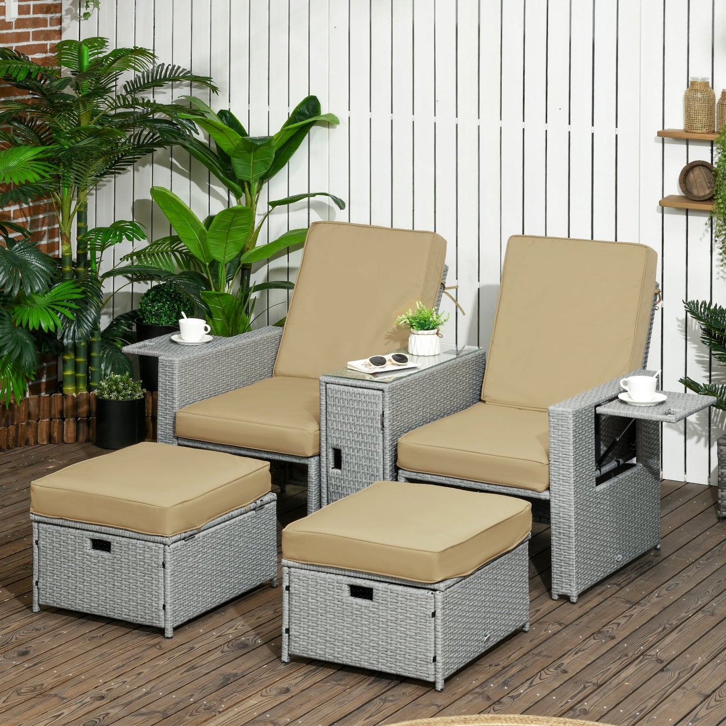 5PC PE Rattan Sun Lounger, Outdoor Wicker 5-level Adjustable Recliner Sofa Bed with Storage Side Table and Footstools, for Patio, Garden, Poolside, Beige