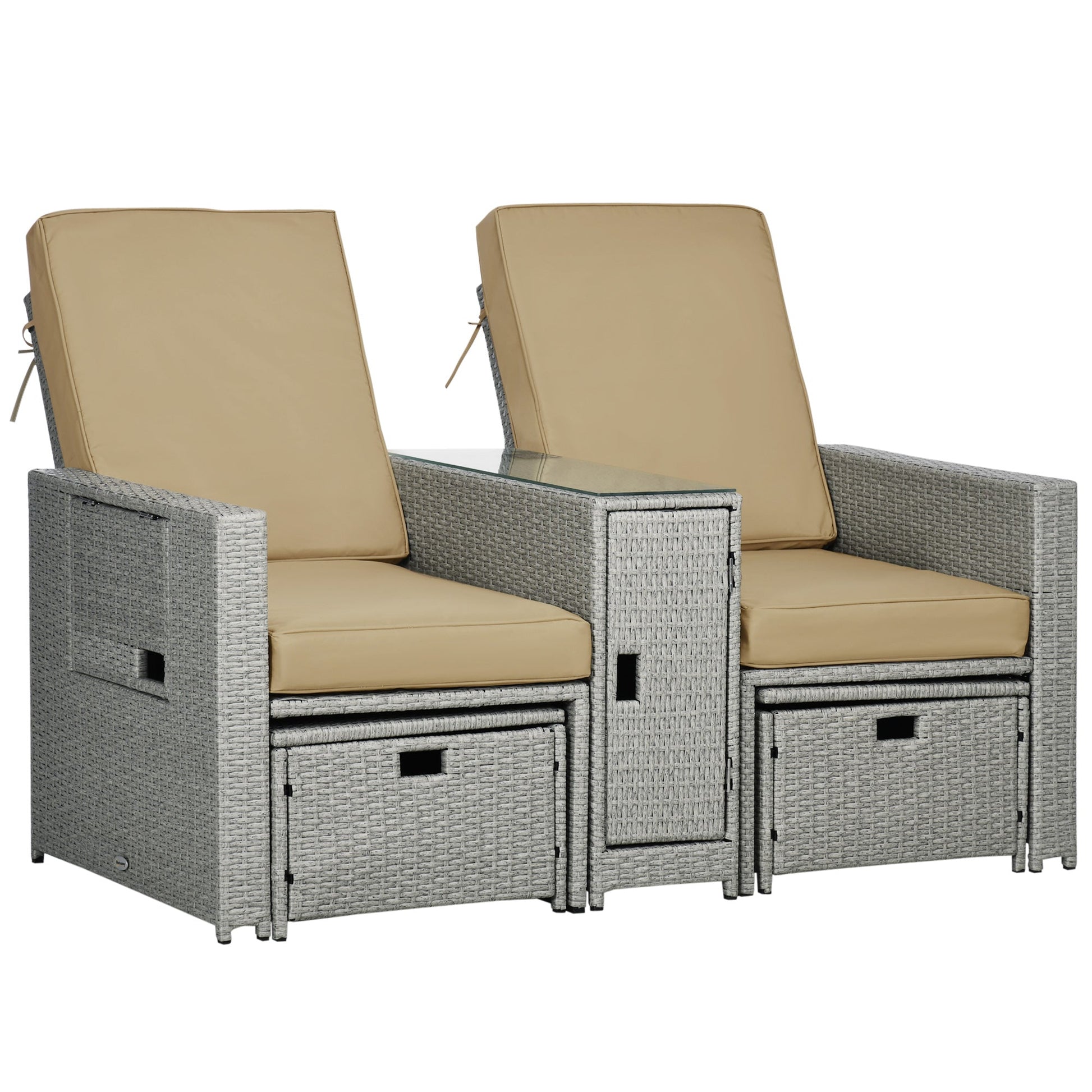 5PC PE Rattan Sun Lounger, Outdoor Wicker 5-level Adjustable Recliner Sofa Bed with Storage Side Table and Footstools, for Patio, Garden, Poolside, Beige
