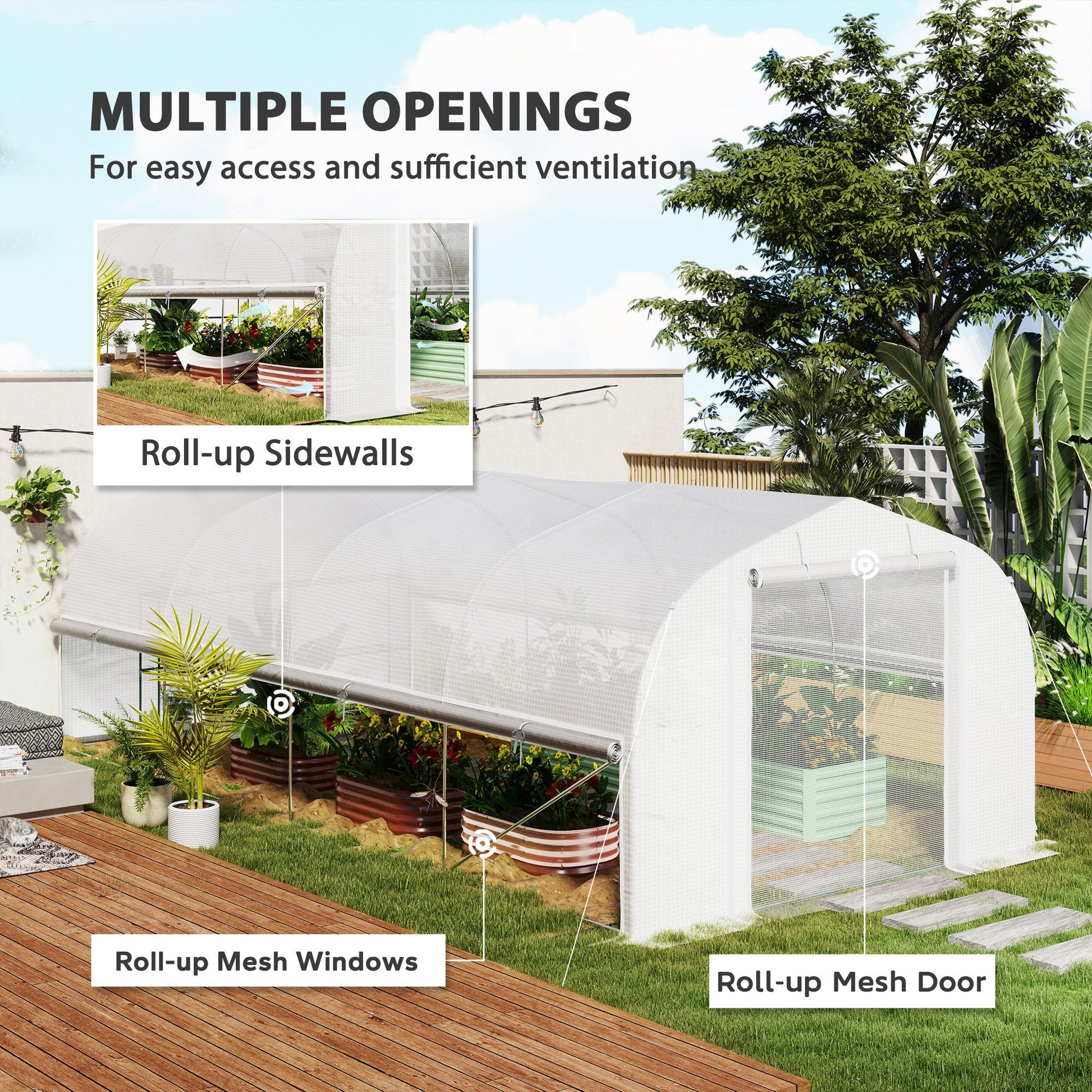 6 x 3 x 2m Walk-in Polytunnel Greenhouse, Zipped Roll Up Sidewalls, Mesh Door, 8 Mesh Windows, Tunnel Warm House Tent with PE Cover, Complimentary Plant Labels and Gloves, White