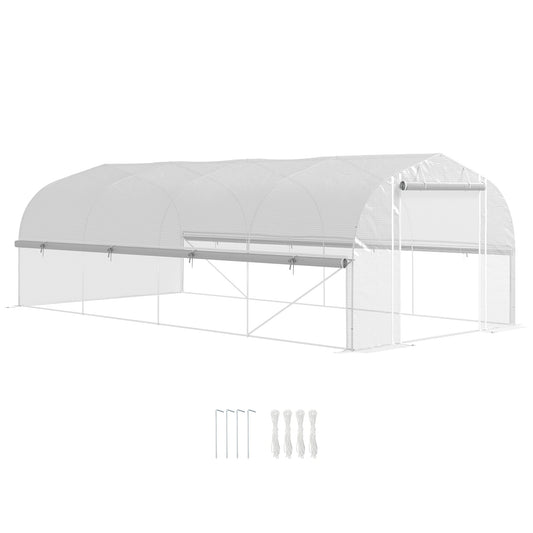 6 x 3 x 2m Walk-in Polytunnel Greenhouse, Zipped Roll Up Sidewalls, Mesh Door, 8 Mesh Windows, Tunnel Warm House Tent with PE Cover, Complimentary Plant Labels and Gloves, White