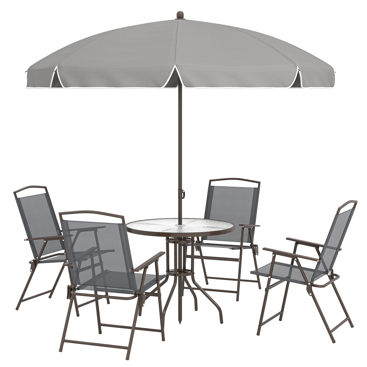 6 Piece Garden Dining Set with Umbrella, Patio Sets with Parasol, 4 Folding Dining Chairs & Round Tempered Glass Table, Dark Grey