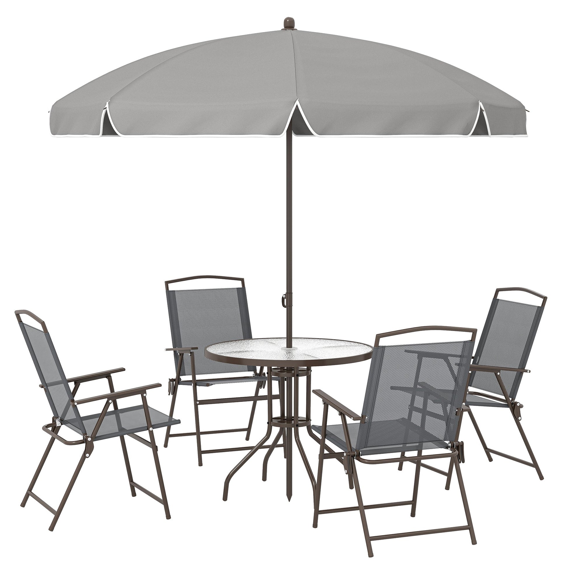 6 Piece Garden Dining Set with Umbrella, Patio Sets with Parasol, 4 Folding Dining Chairs & Round Tempered Glass Table, Dark Grey