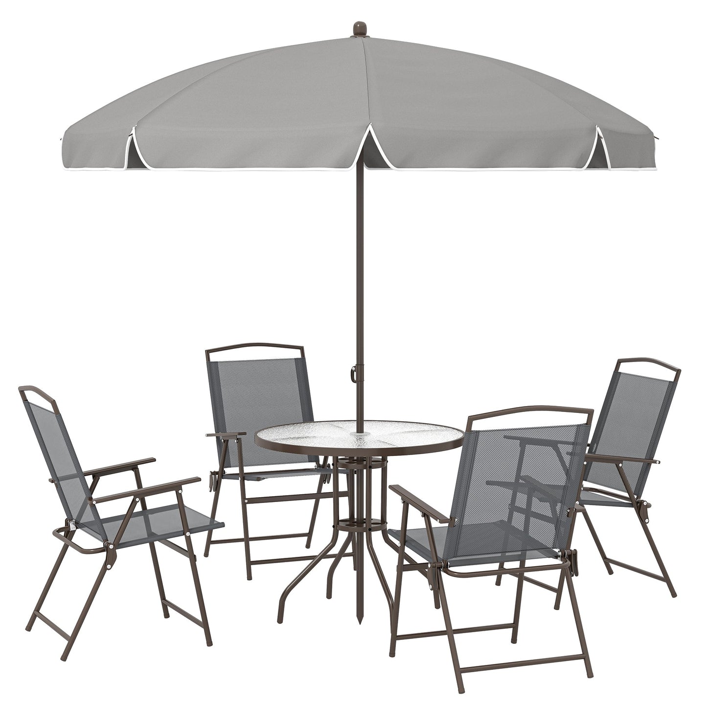 6 Piece Garden Dining Set with Umbrella, Patio Sets with Parasol, 4 Folding Dining Chairs & Round Tempered Glass Table, Dark Grey