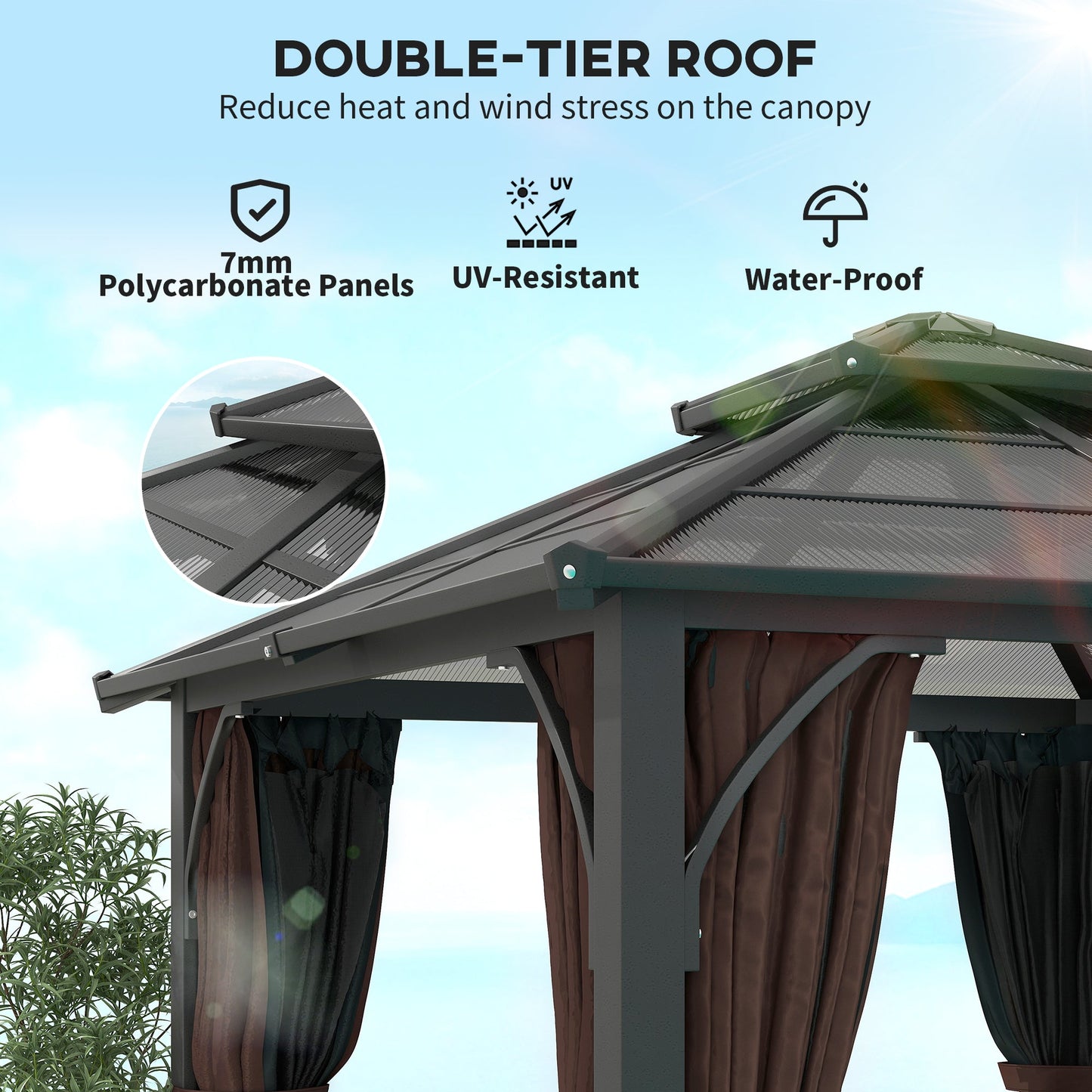 3 x 3(m) Hardtop Gazebo Canopy with 7mm Double Polycarbonate Roof, Garden Gazebo Permanent Pavilion with Mosquito Netting and Curtains for Patio, Deck, Brown