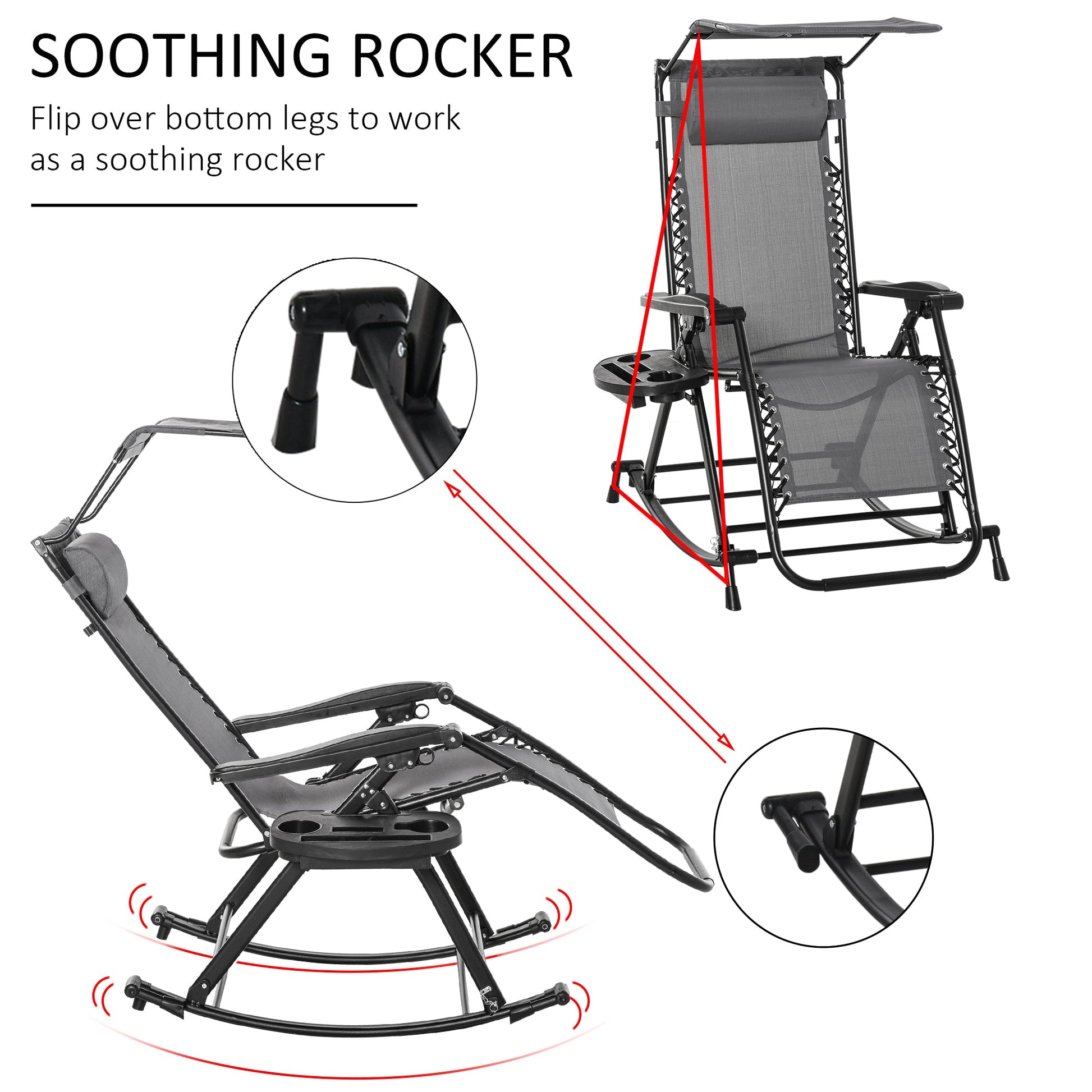Garden Rocking Chair Folding Recliner Outdoor Adjustable Sun Lounger Rocker Zero-Gravity Seat with Headrest Side Holder Patio Deck - Grey