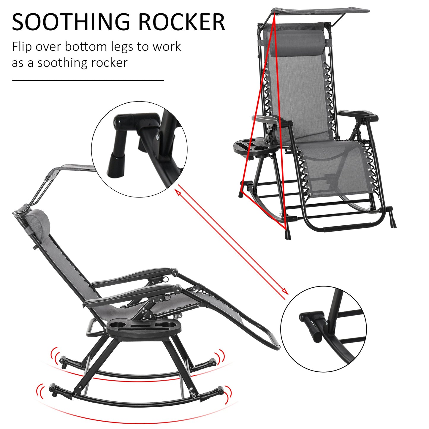 Garden Rocking Chair Folding Recliner Outdoor Adjustable Sun Lounger Rocker Zero-Gravity Seat with Headrest Side Holder Patio Deck - Grey
