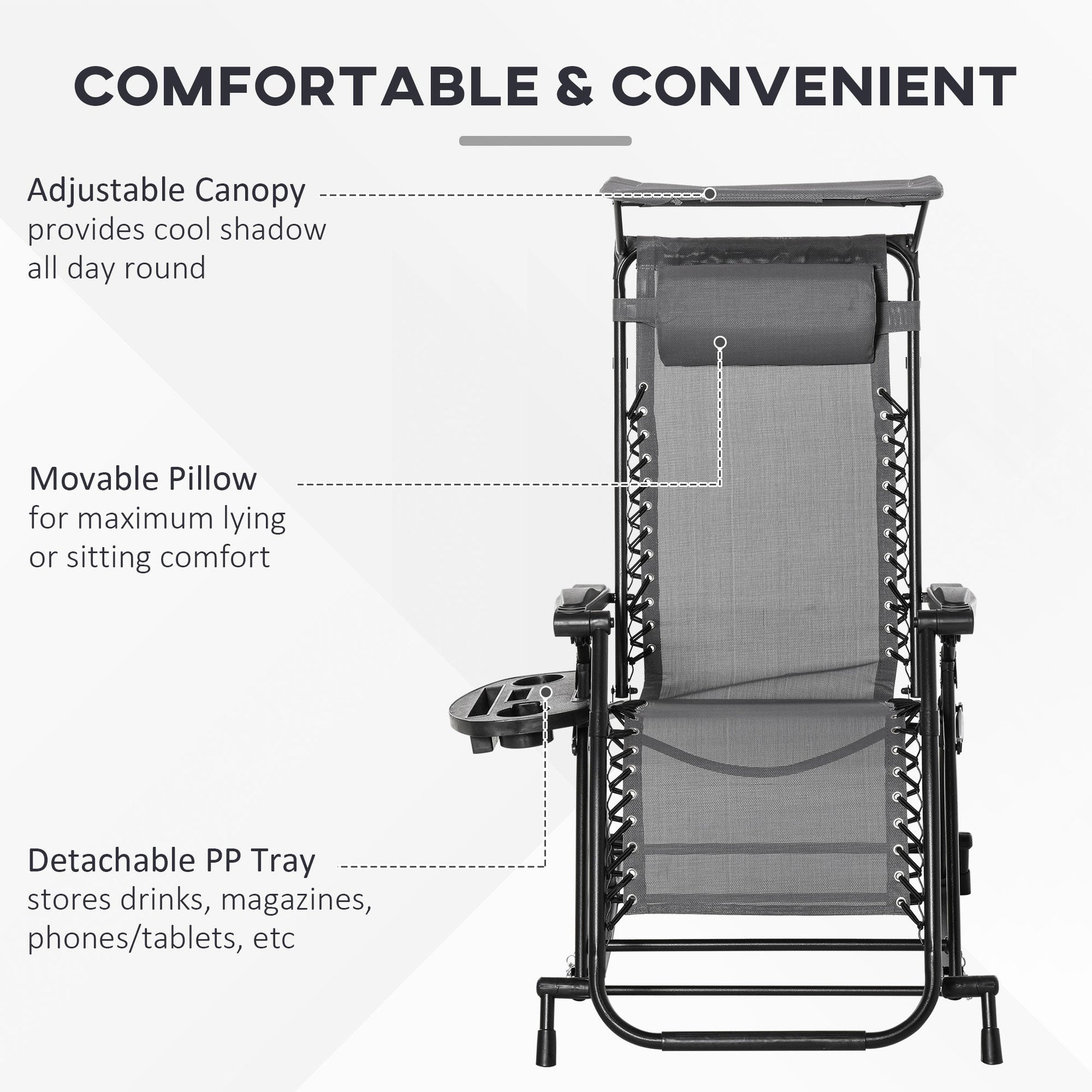 Garden Rocking Chair Folding Recliner Outdoor Adjustable Sun Lounger Rocker Zero-Gravity Seat with Headrest Side Holder Patio Deck - Grey