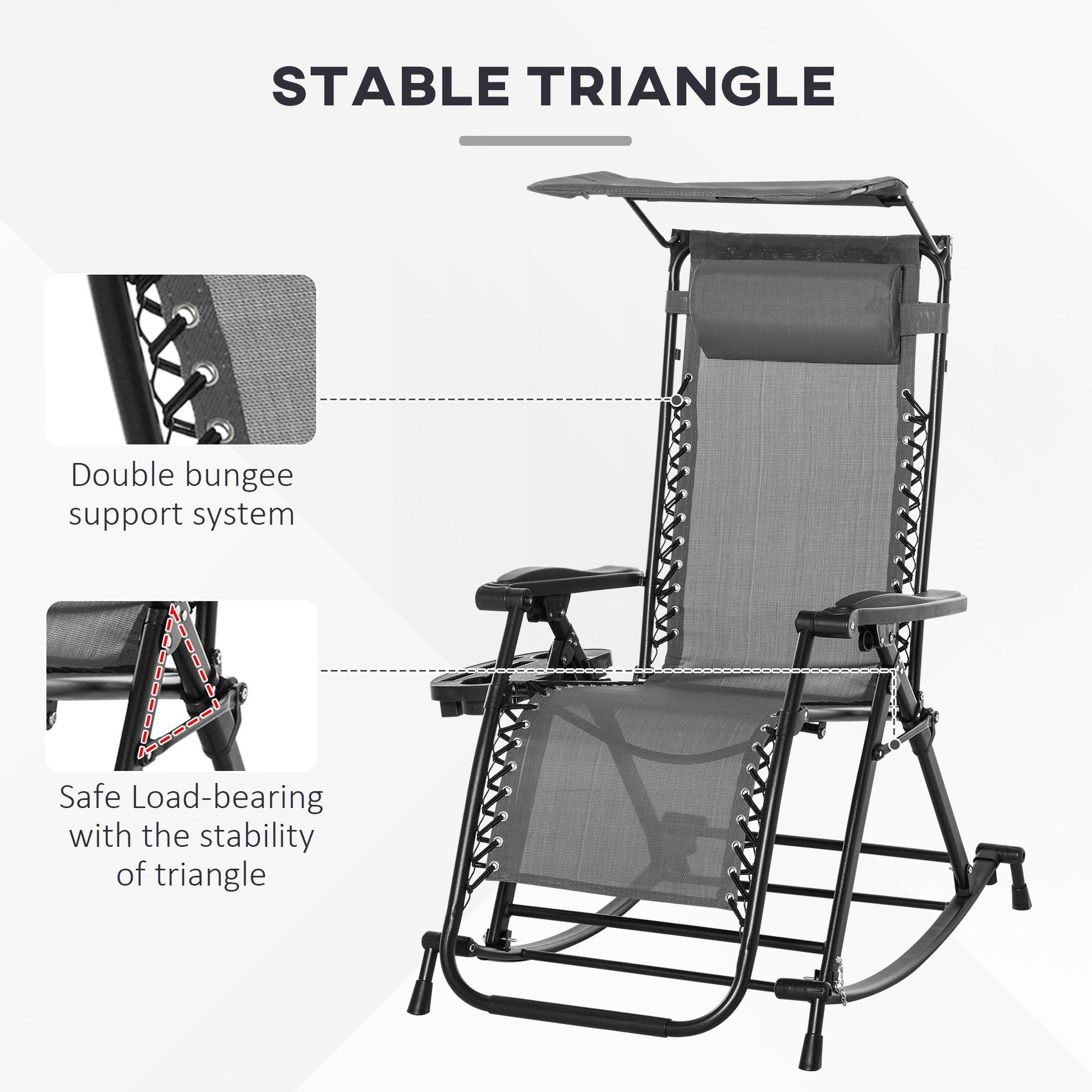 Garden Rocking Chair Folding Recliner Outdoor Adjustable Sun Lounger Rocker Zero-Gravity Seat with Headrest Side Holder Patio Deck - Grey