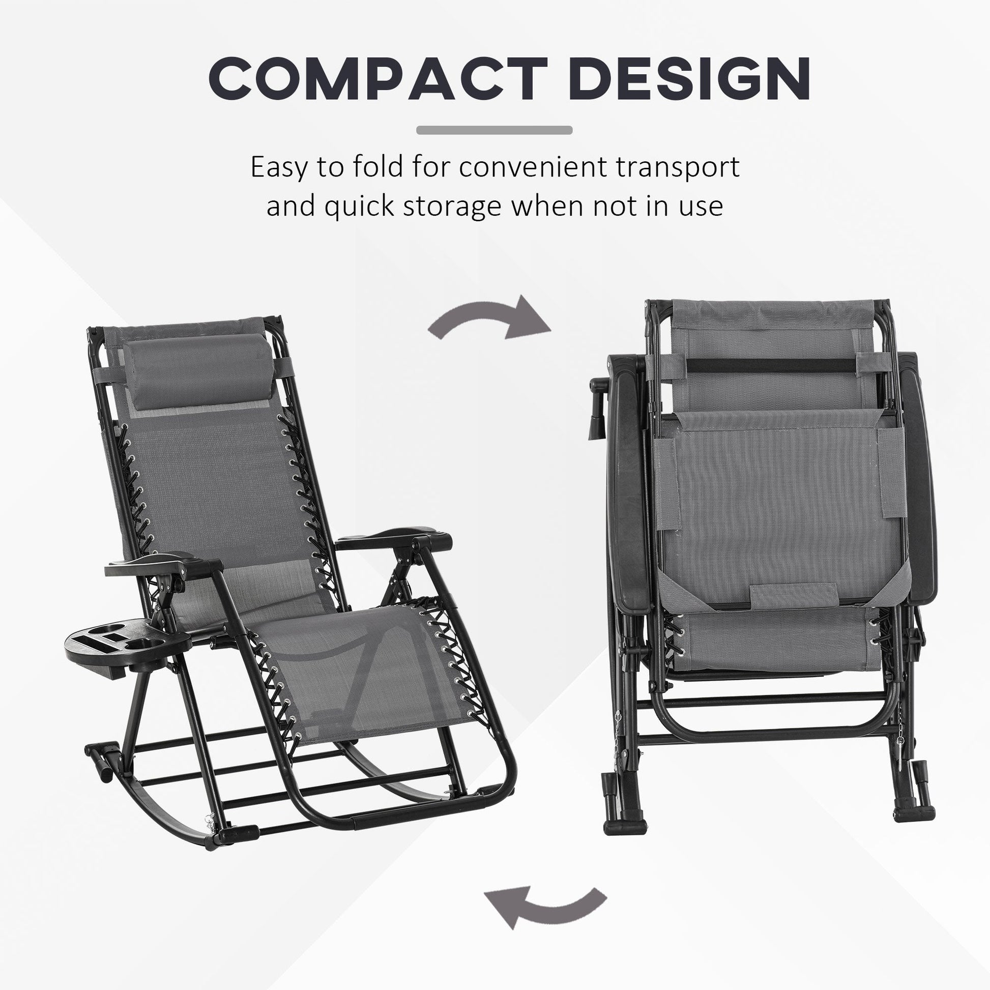 Garden Rocking Chair Folding Recliner Outdoor Adjustable Sun Lounger Rocker Zero-Gravity Seat with Headrest Side Holder Patio Deck - Grey