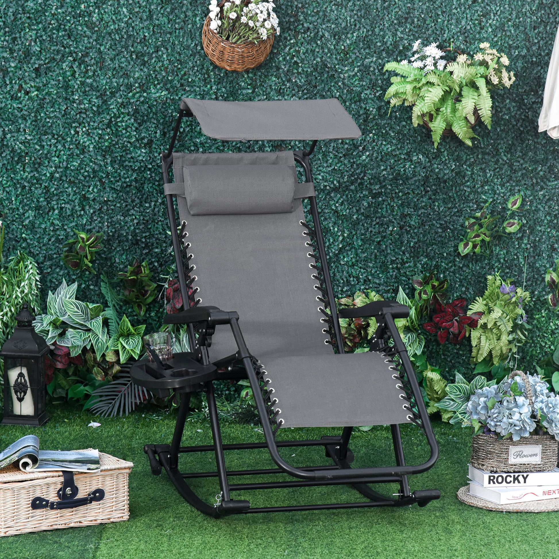 Garden Rocking Chair Folding Recliner Outdoor Adjustable Sun Lounger Rocker Zero-Gravity Seat with Headrest Side Holder Patio Deck - Grey