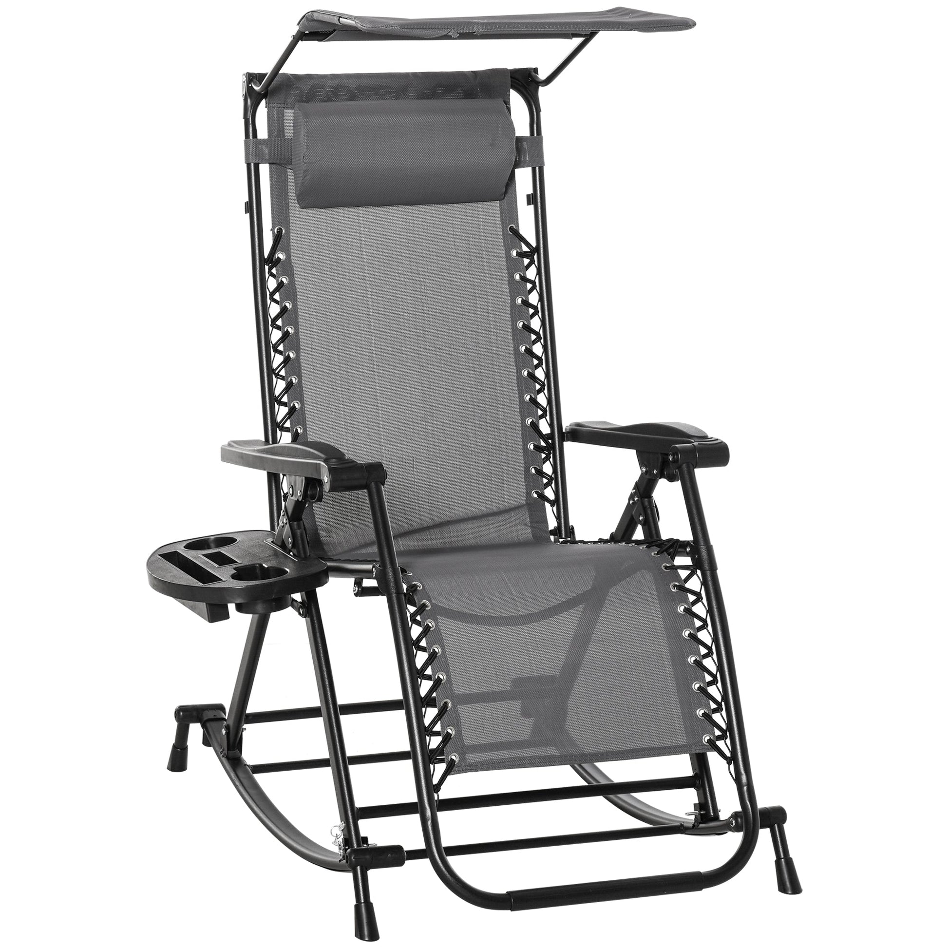 Garden Rocking Chair Folding Recliner Outdoor Adjustable Sun Lounger Rocker Zero-Gravity Seat with Headrest Side Holder Patio Deck - Grey