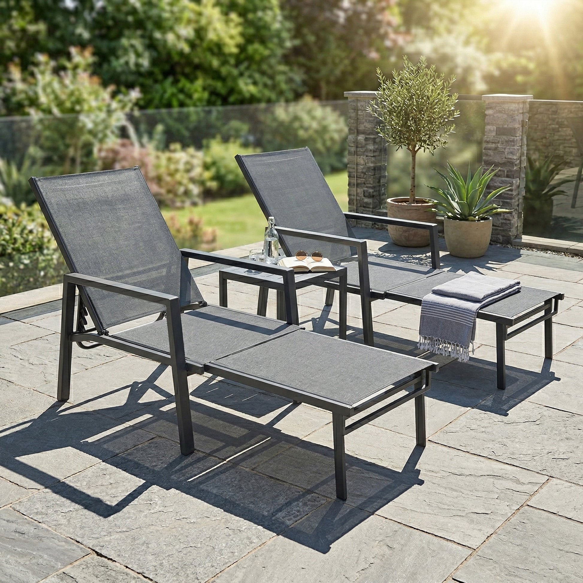 Sun Loungers Set of 2 with Retractable Footrest, 5-Position Adjustable Reclining Garden Lounger, Garden Chaise Lounge Sunbed Recliner Chair w/ Steel Frame for Beach, Porch, Patio, Dark Grey