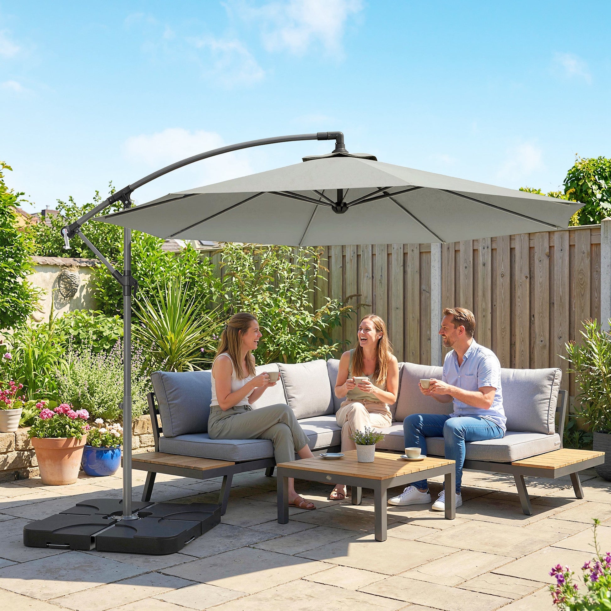 3 m Cantilever Parasol with Umbrella Weights, Cross Base, Offset Outdoor Umbrella with Protective Cover, Crank Handle, Hanging Sun Shade, Light Grey