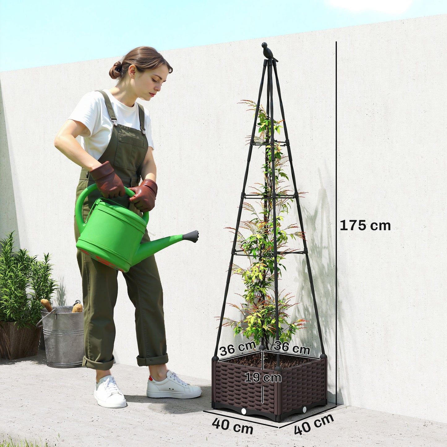 Raised Bed for Garden, Raised Garden Bed Planter Box with Trellis and Self Watering, Tomato Cage with Drainage Holes and Plugs for Climbing Plants Flowers Vegetable Herbs, 40 x 40 x 175 cm