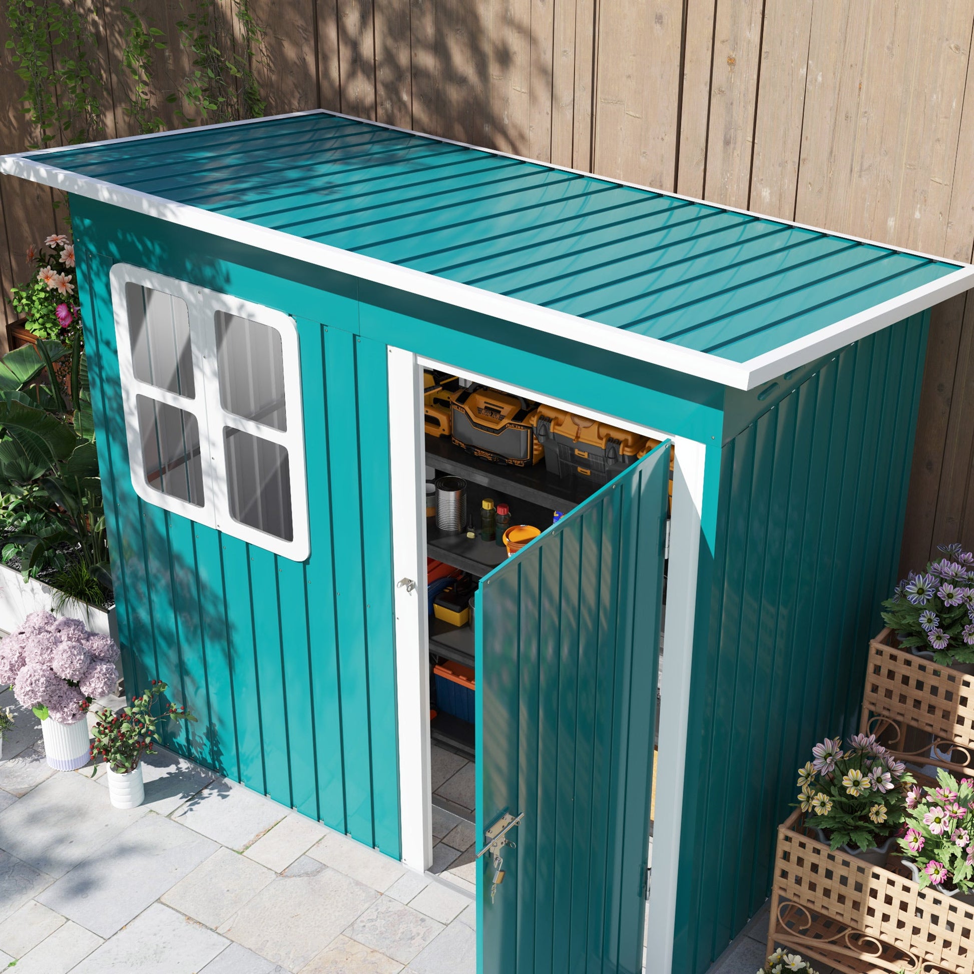 7 x 4ft Storage Shed Galvanised Steel Garden Shed, Metal Shed with Foundation Kit, Window, Lockable Wide Door and Air Vents for Outdoor Patio, Green