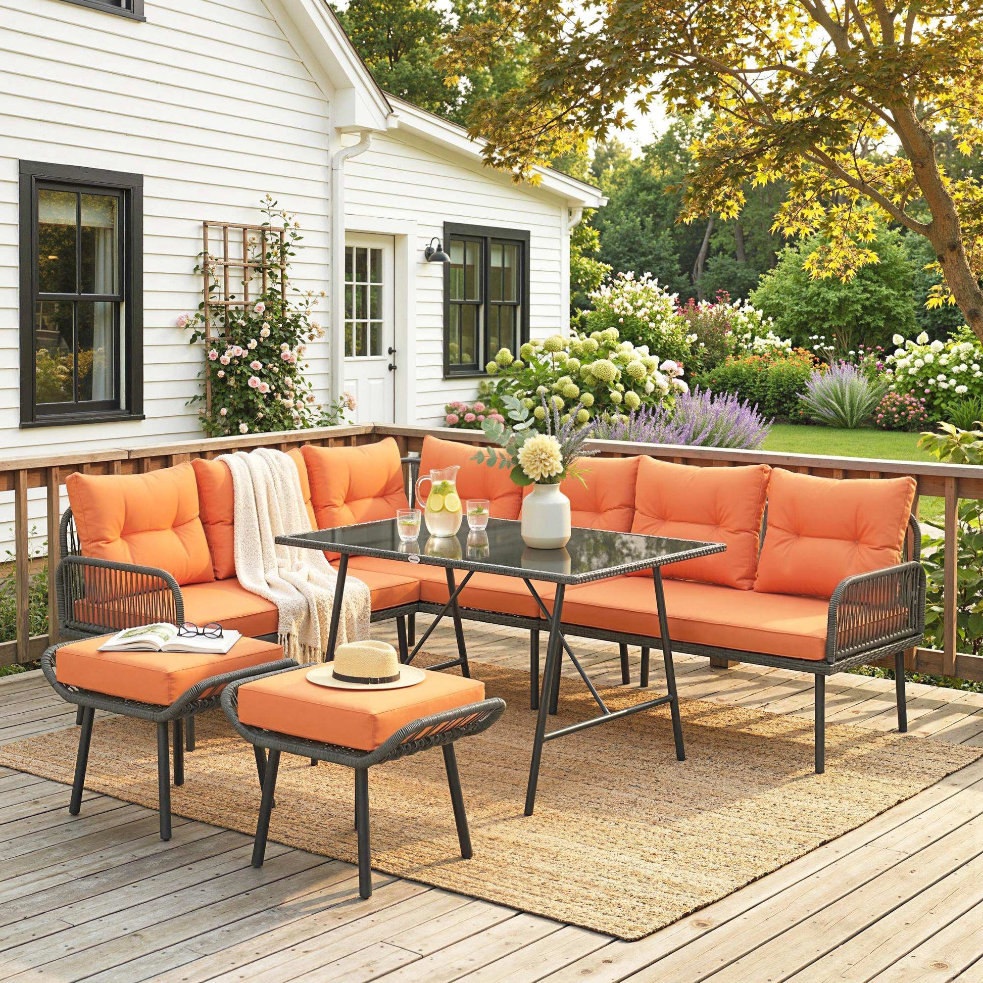 6 Piece Rattan Garden Furniture Set, 8 Seater Garden Corner Sofa with Cushions and Glass Top Table, Sectional Outdoor Furniture Conservatory Set for Patio, Orange