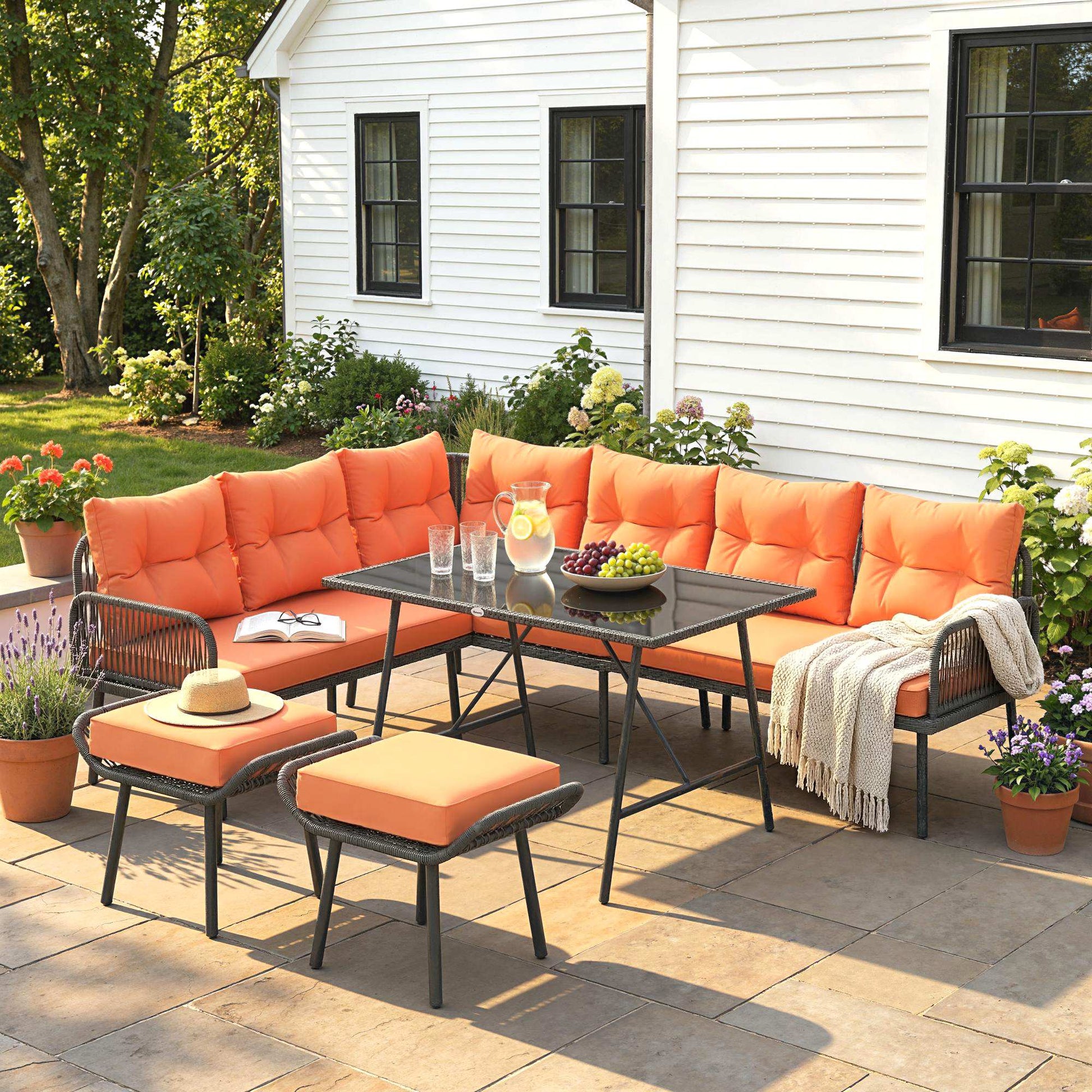 6 Piece Rattan Garden Furniture Set, 8 Seater Garden Corner Sofa with Cushions and Glass Top Table, Sectional Outdoor Furniture Conservatory Set for Patio, Orange