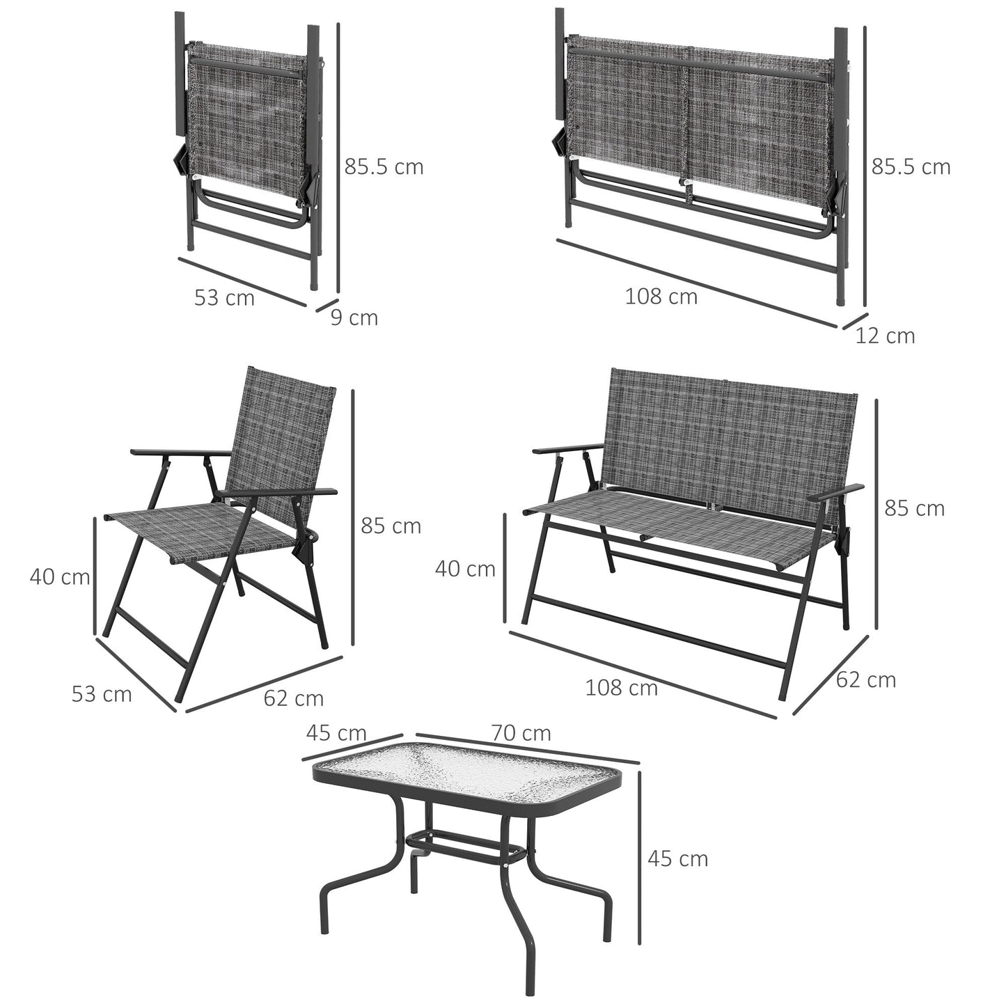 Outdoor 4 Pieces Patio Furniture Set with Breathable Mesh Fabric Seat & Backrest, Garden Set with Two Foldable Armchairs, a Loveseat & Glass Top Table, Mixed Grey