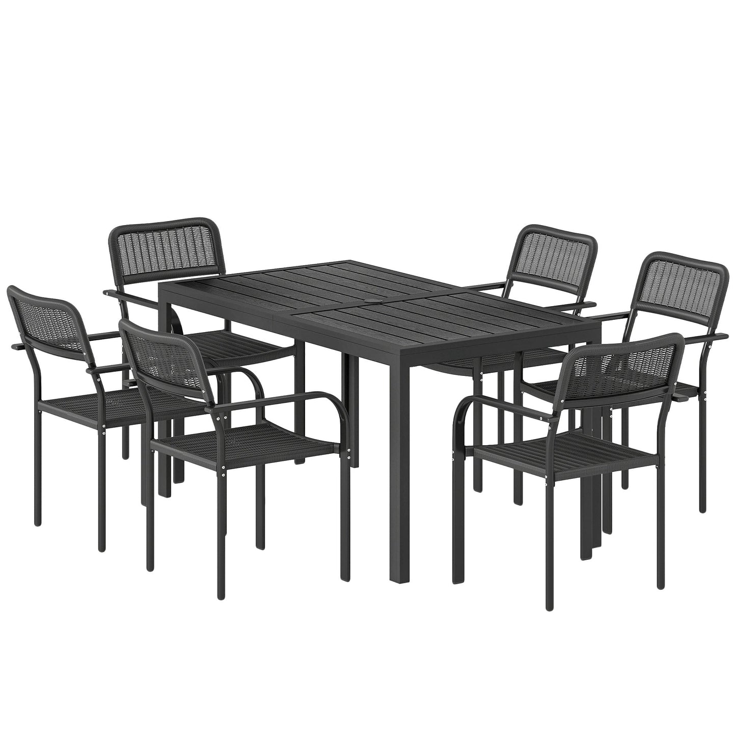 7 Pieces Garden Dining Set, Garden Table and Chairs Set 6 with Faux Rattan Stackable Chairs, Wood Effect Metal Top Table, Umbrella Hole, Outdoor Furniture for Patio Porch Terrace, Black