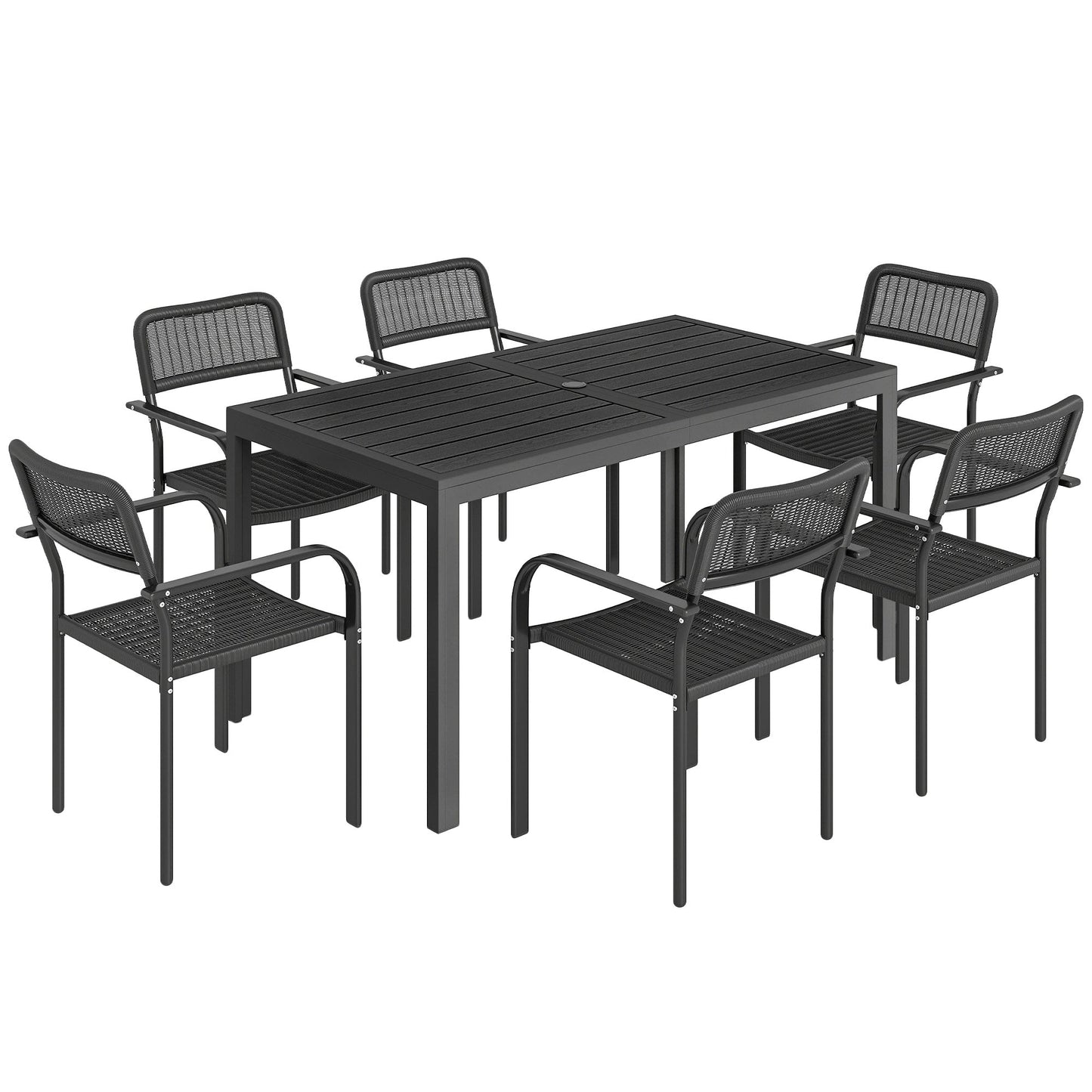 7 Pieces Garden Dining Set, Garden Table and Chairs Set 6 with Faux Rattan Stackable Chairs, Wood Effect Metal Top Table, Umbrella Hole, Outdoor Furniture for Patio Porch Terrace, Black