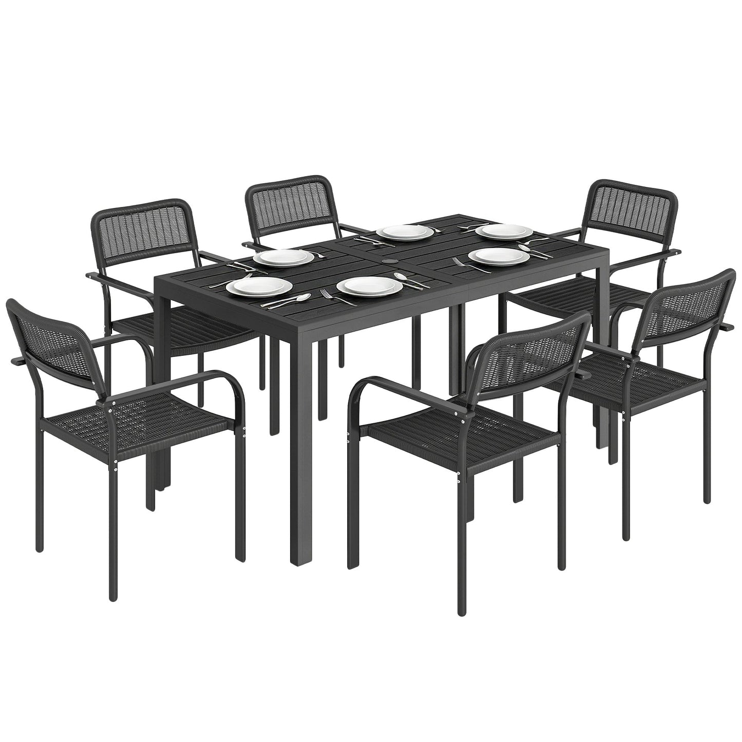 7 Pieces Garden Dining Set, Garden Table and Chairs Set 6 with Faux Rattan Stackable Chairs, Wood Effect Metal Top Table, Umbrella Hole, Outdoor Furniture for Patio Porch Terrace, Black