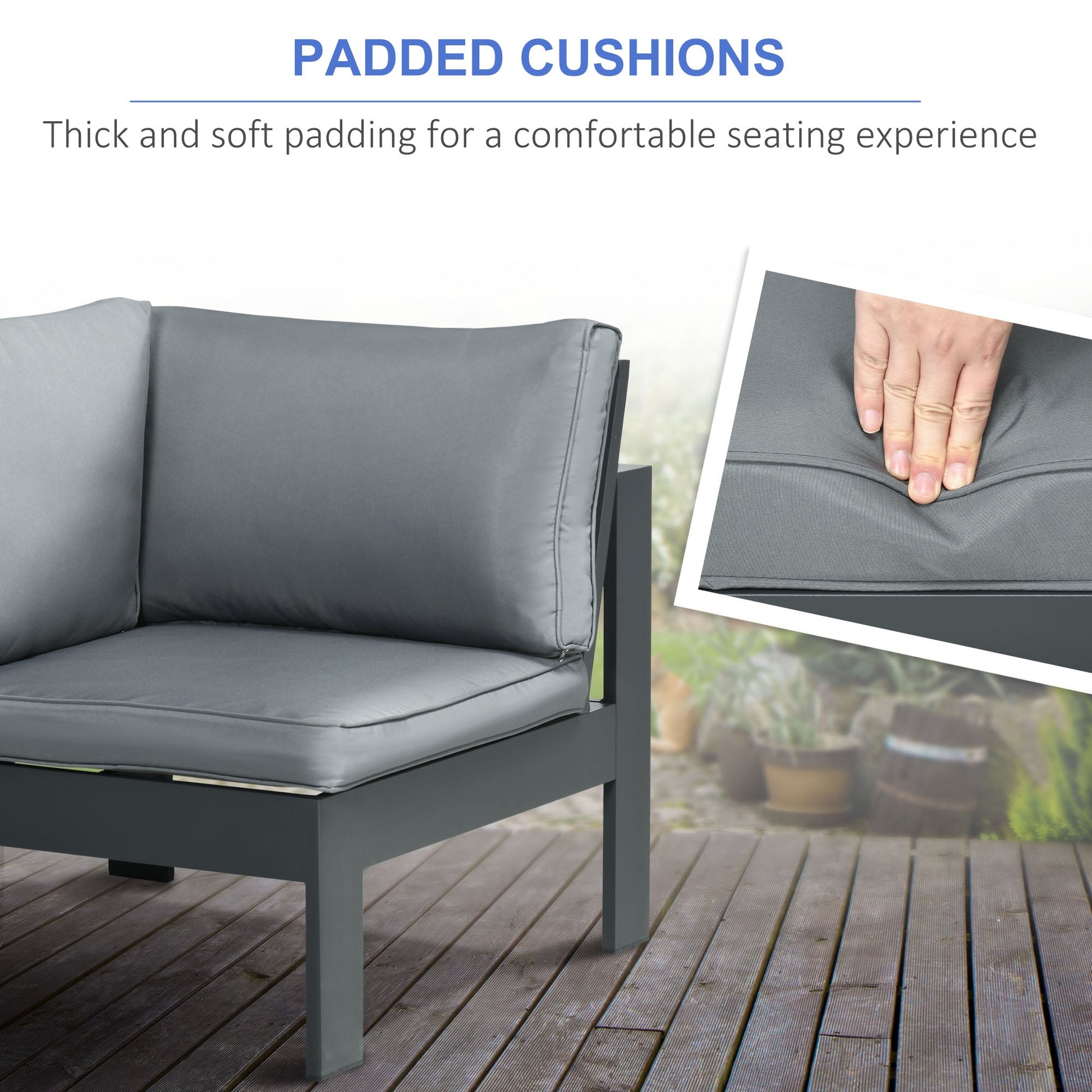 6-Piece Aluminium Garden Furniture Set, Outdoor Conversational Corner Sofa Loveseat Footstool Sectional with Gas Fire Pit Table for Yard, Poolside, Grey