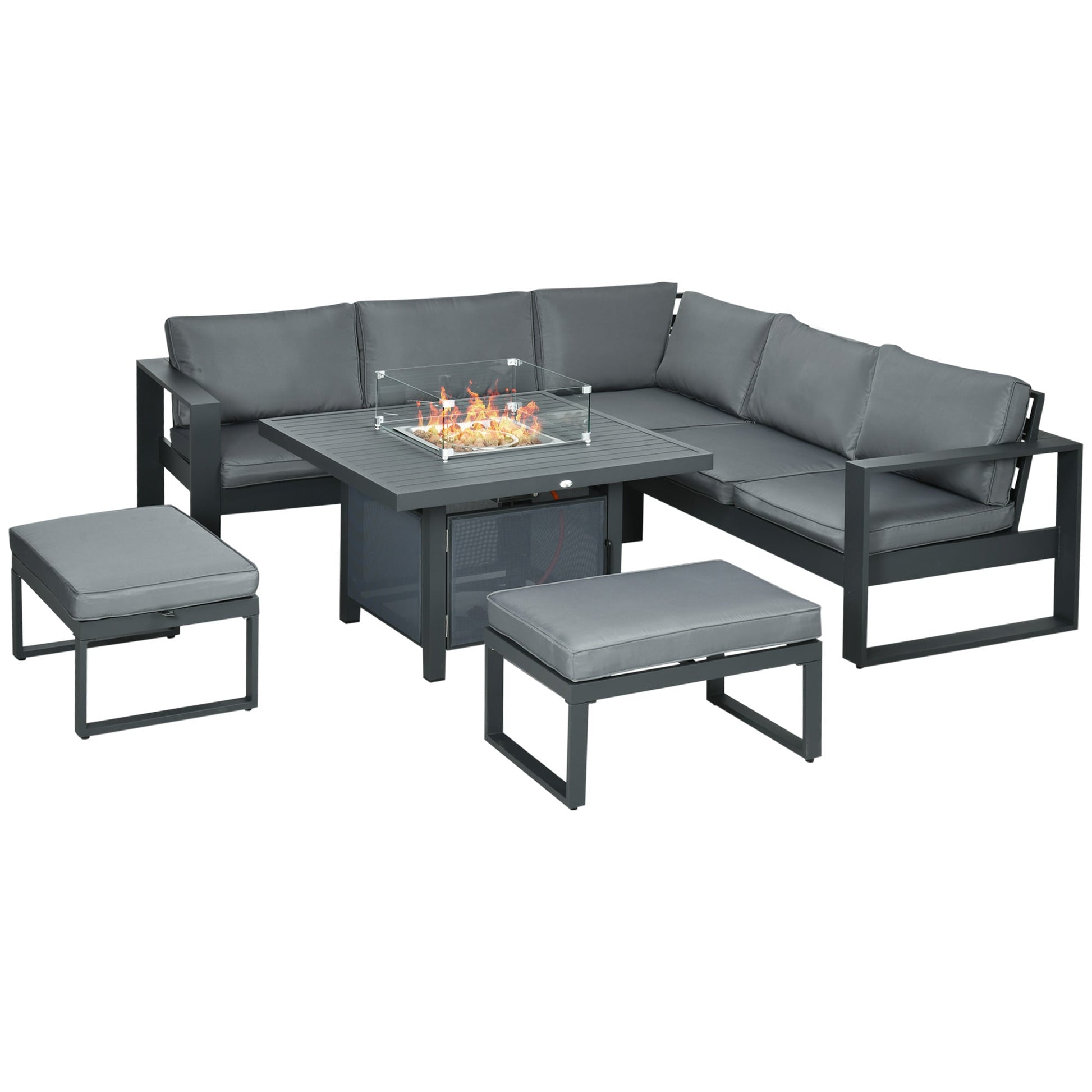 6-Piece Aluminium Garden Furniture Set, Outdoor Conversational Corner Sofa Loveseat Footstool Sectional with Gas Fire Pit Table for Yard, Poolside, Grey