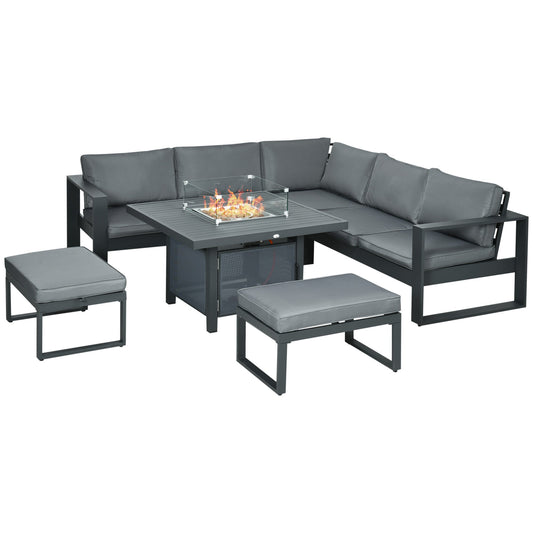 6-Piece Aluminium Garden Furniture Set, Outdoor Conversational Corner Sofa Loveseat Footstool Sectional with Gas Fire Pit Table for Yard, Poolside, Grey