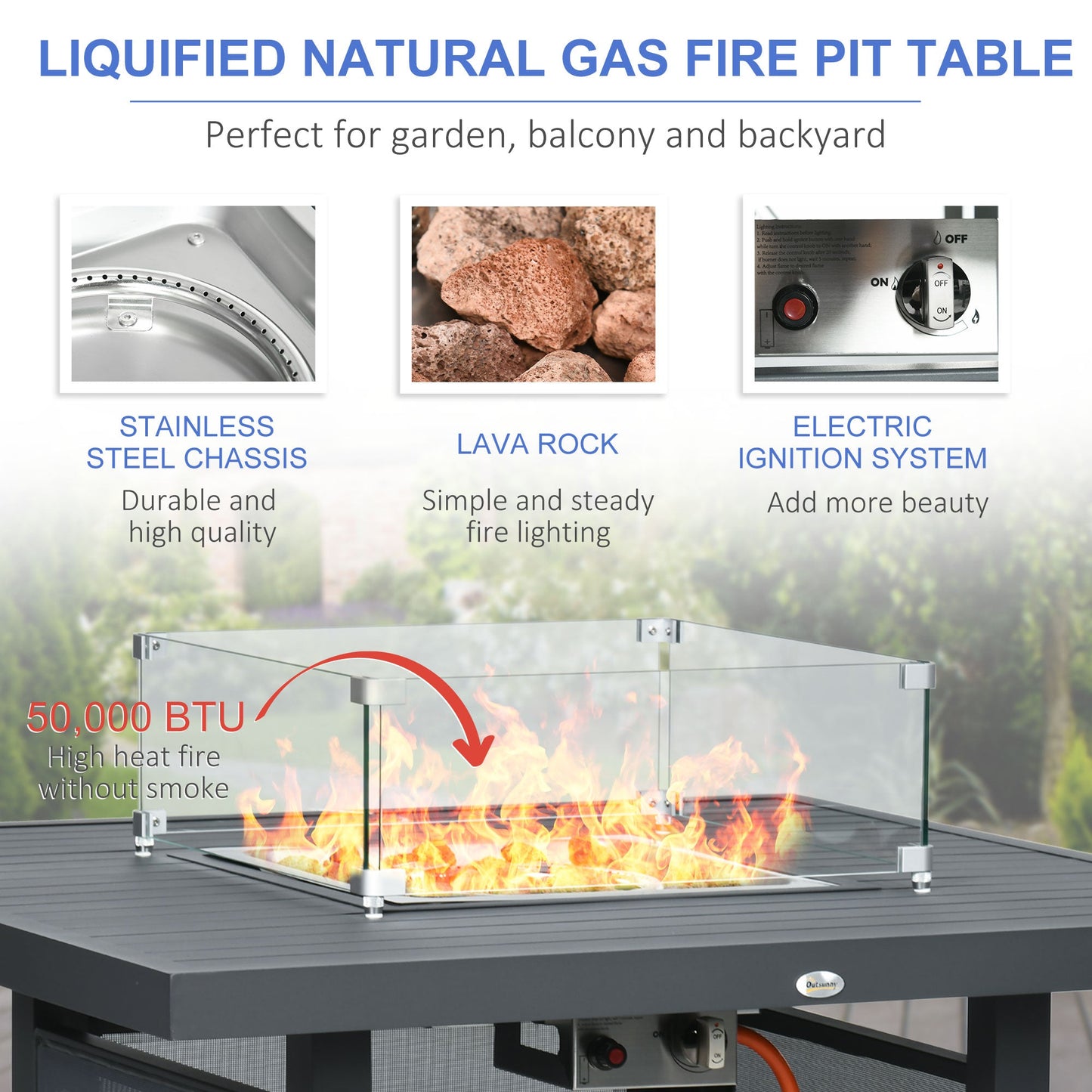 6-Piece Aluminium Garden Furniture Set, Outdoor Conversational Corner Sofa Loveseat Footstool Sectional with Gas Fire Pit Table for Yard, Poolside, Grey