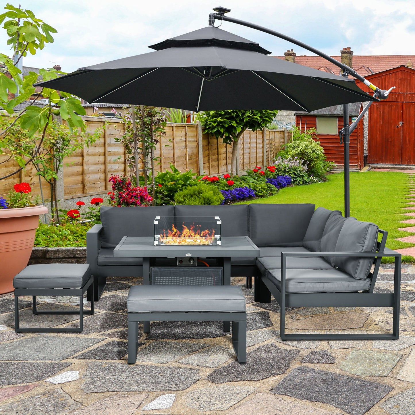 6-Piece Aluminium Garden Furniture Set, Outdoor Conversational Corner Sofa Loveseat Footstool Sectional with Gas Fire Pit Table for Yard, Poolside, Grey
