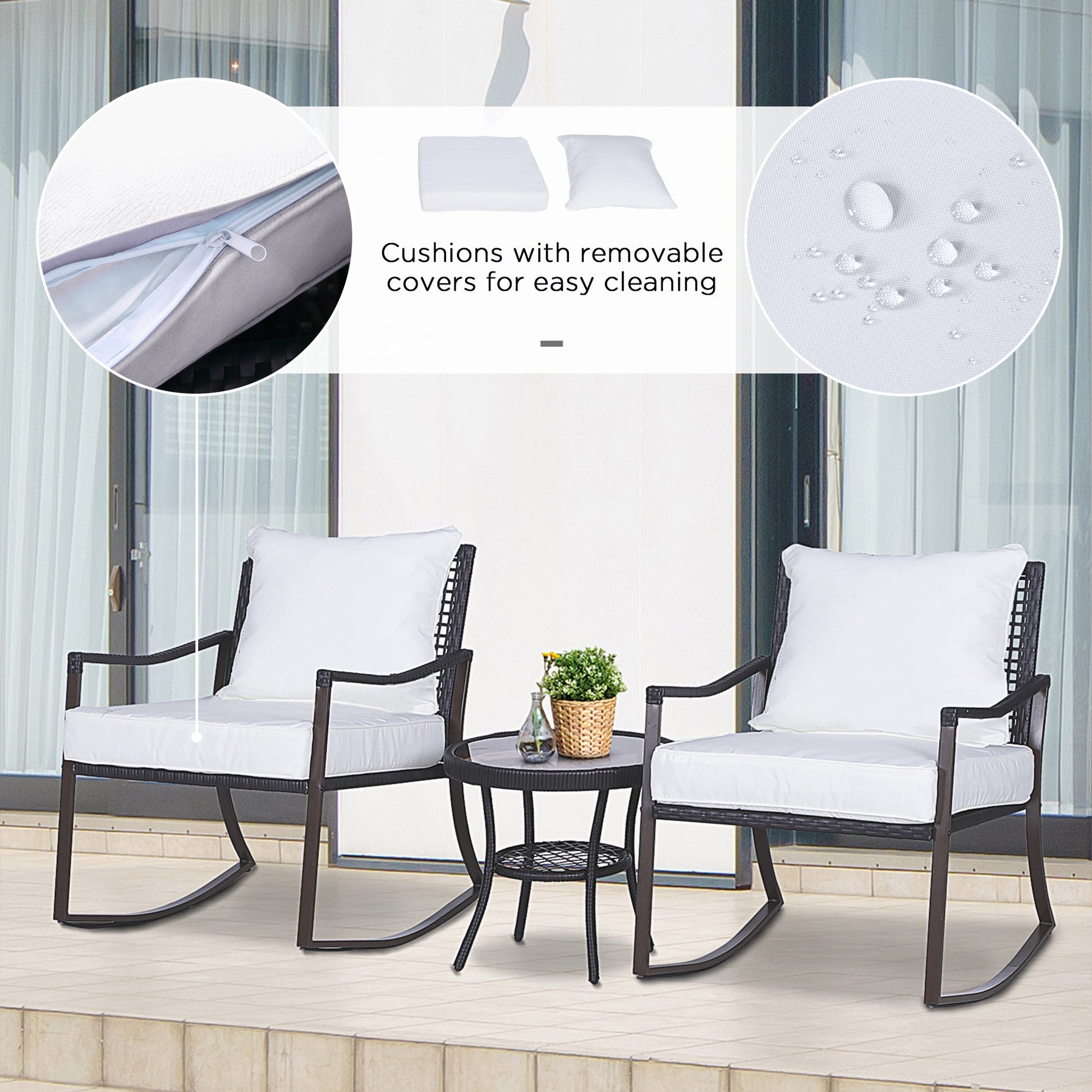 Rattan Bistro Set, 3 Pieces Wicker Garden Furniture Set with Rocking Chairs and Round Glass Top Coffee Table, Small Balcony Furniture with Cushions for Outdoor, Porch, Brown