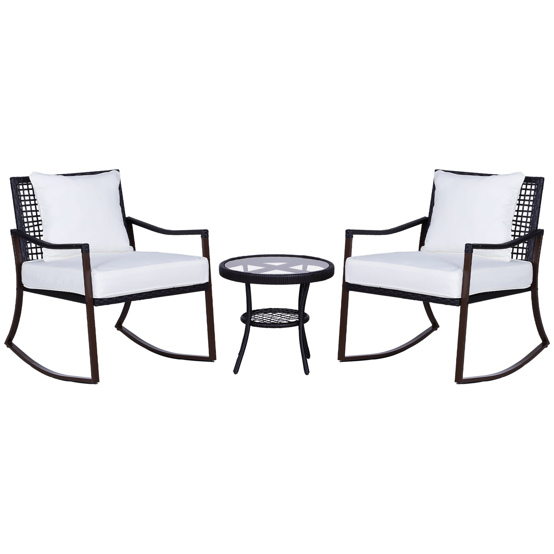 Rattan Bistro Set, 3 Pieces Wicker Garden Furniture Set with Rocking Chairs and Round Glass Top Coffee Table, Small Balcony Furniture with Cushions for Outdoor, Porch, Brown