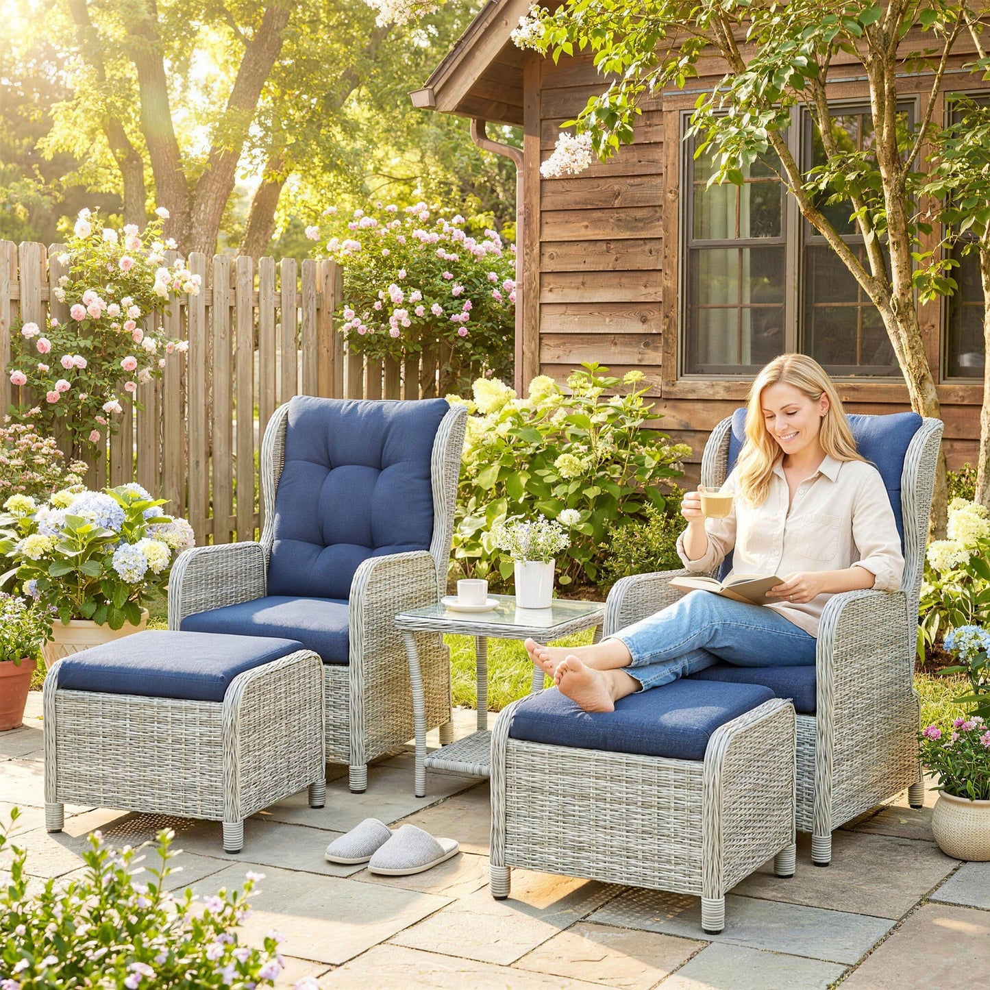 5 Piece Garden Furniture Set, Rattan Reclining Garden Chair Set of 2 with Glass-Top Coffee Table, Footstool and Thickness Cushion for Balcony, Patio, Dark Blue