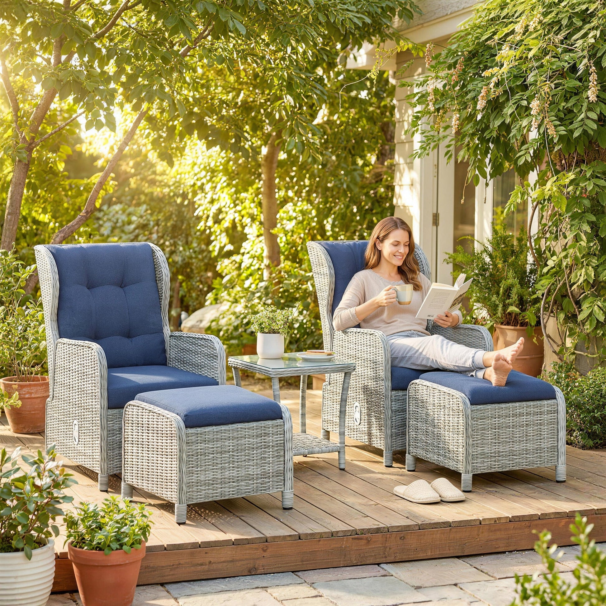 5 Piece Garden Furniture Set, Rattan Reclining Garden Chair Set of 2 with Glass-Top Coffee Table, Footstool and Thickness Cushion for Balcony, Patio, Dark Blue