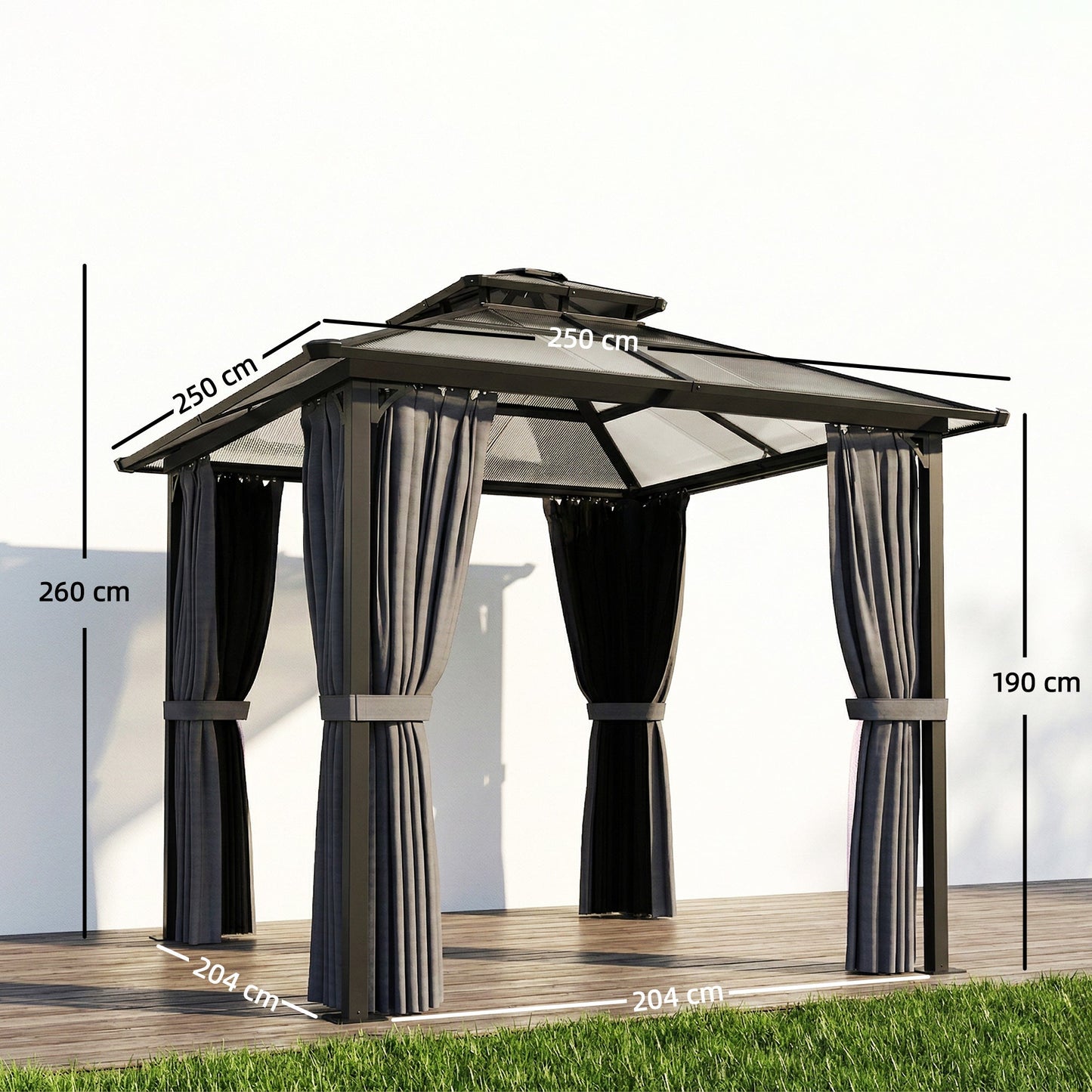 2.5 x 2.5 m Outdoor Hardtop Gazebo Canopy with Double Polycarbonate Roof, Metal Frame Garden Permanent Pavilion with Mosquito Netting and Curtains, Drainage Gutters, Ceiling Hook, Dark Grey