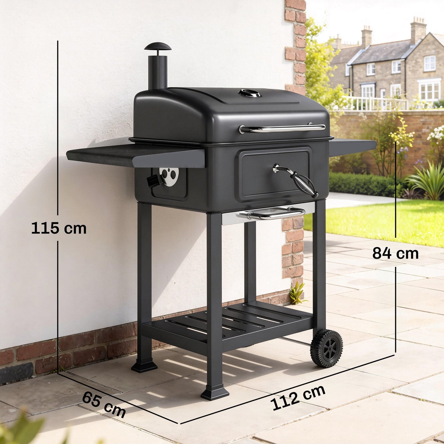 Charcoal BBQ Grill with Adjustable Charcoal Pan, Large Barbecue Grill Smoker with Warming Rack, Side Tables, Chimney, Vents, Wheels and Temperature Gauge, Portable for Outdoor Cooking, Black