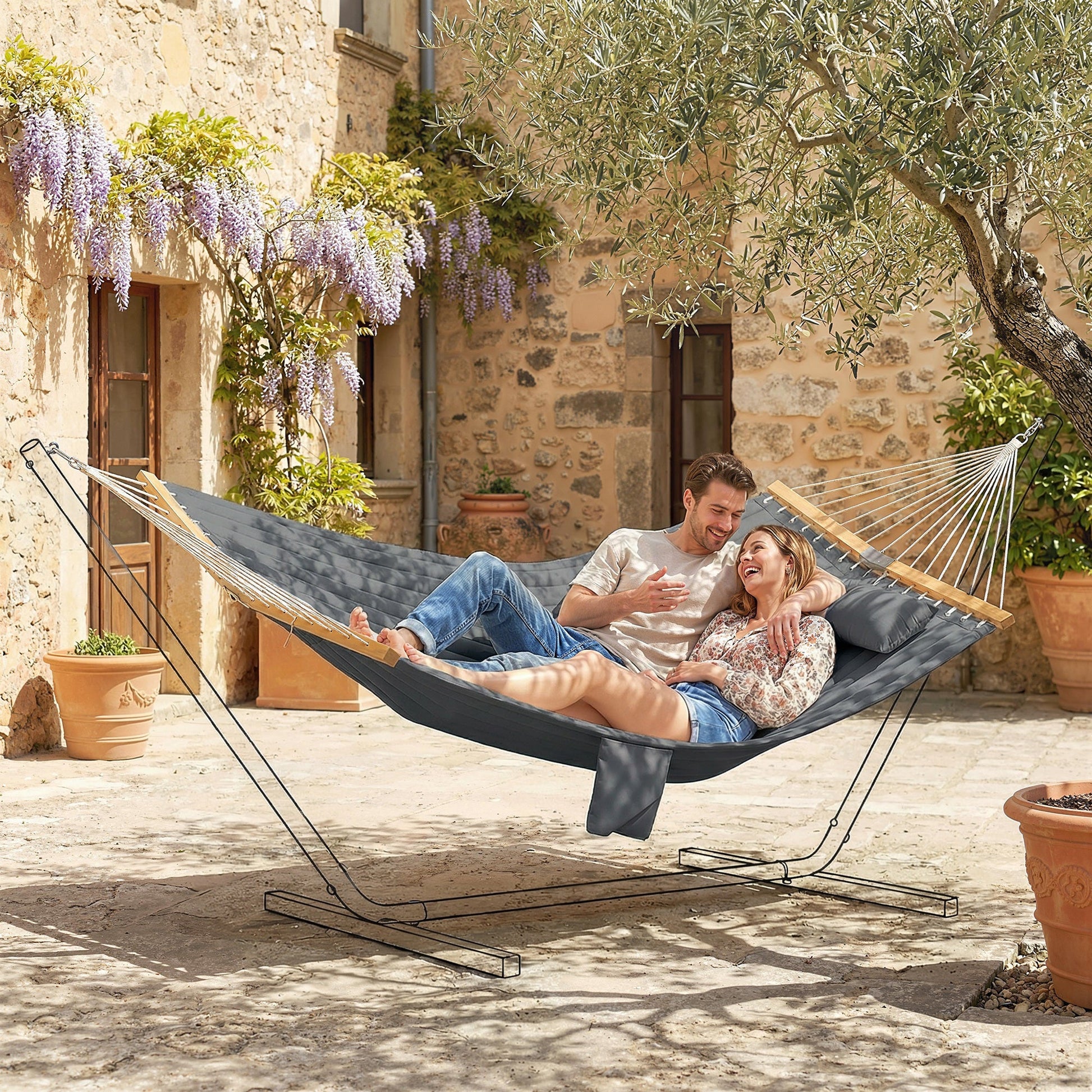 Double Hammock 2-Person with Pillow and Pad, Extra Large 200 x 140 cm, Load Capacity 200 kg, Swing Bed for Patio Porch Garden Lounging Outdoor and Indoor Grey