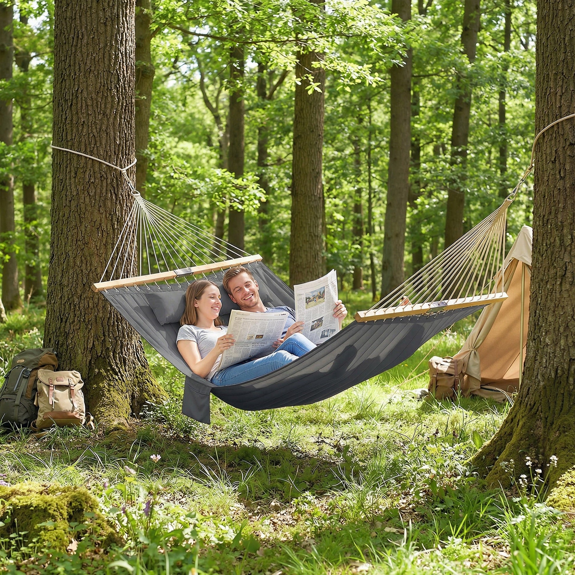 Double Hammock 2-Person with Pillow and Pad, Extra Large 200 x 140 cm, Load Capacity 200 kg, Swing Bed for Patio Porch Garden Lounging Outdoor and Indoor Grey