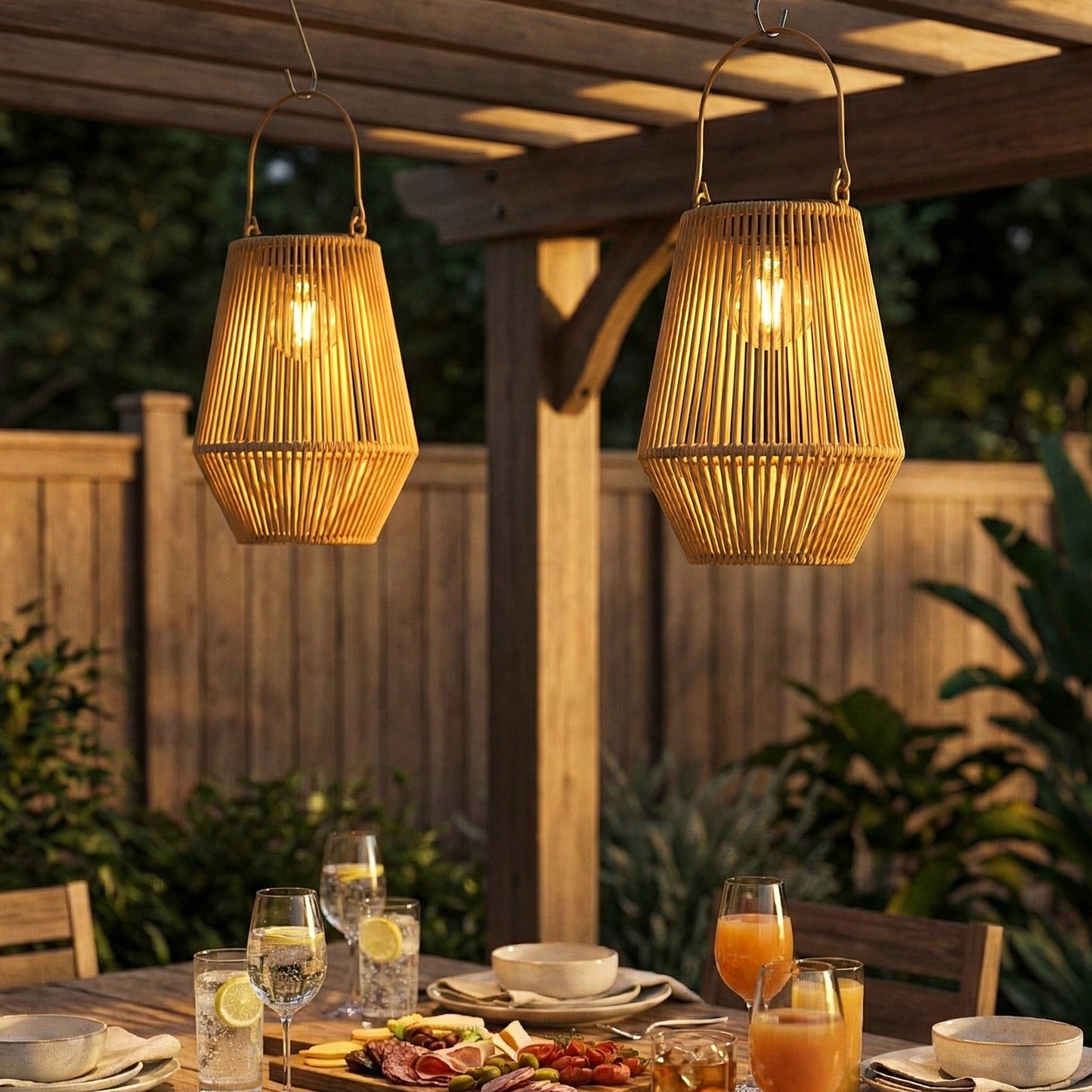 Hanging Solar Lights Outdoor Garden Lanterns, 2 Pack Rattan Solar Lights with Auto On/Off, Decorative Rattan Table Lamp with Handle, IP44 for Patio, Pathway, Terrace, Tree, Brown