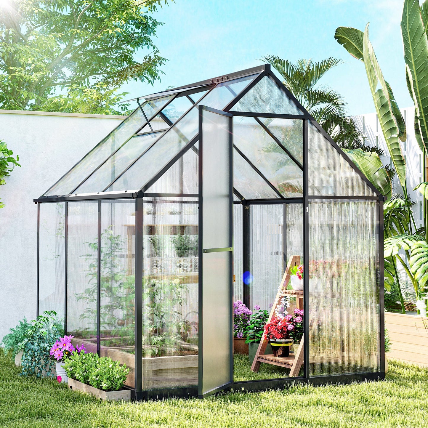 6 x 6.5ft Polycarbonate Greenhouse with Swing Door and Adjustable Window, Walk-in Greenhouse with Rain Gutter, Aluminium Garden Green House for Patio Garden Backyard, Black