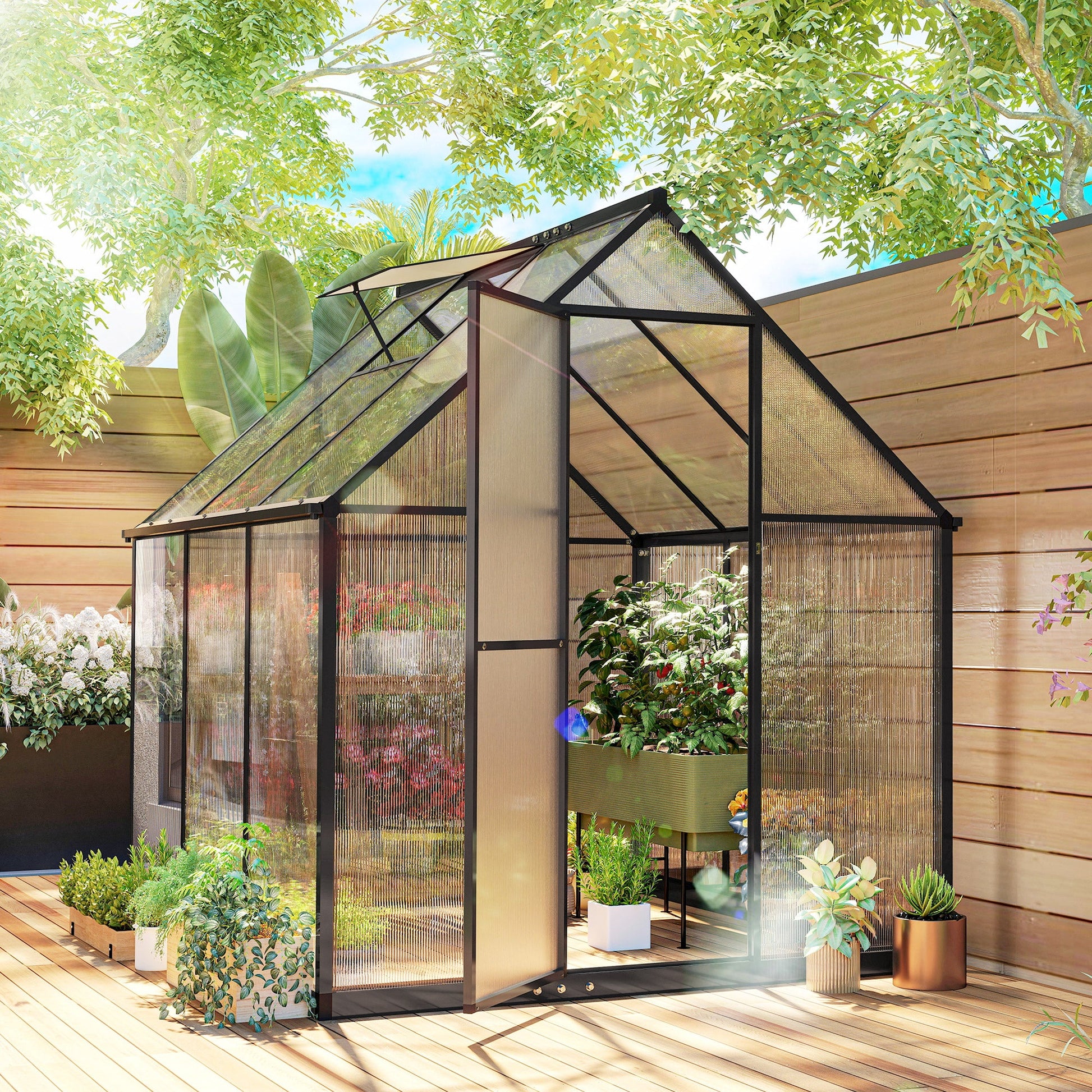 6 x 6.5ft Polycarbonate Greenhouse with Swing Door and Adjustable Window, Walk-in Greenhouse with Rain Gutter, Aluminium Garden Green House for Patio Garden Backyard, Black