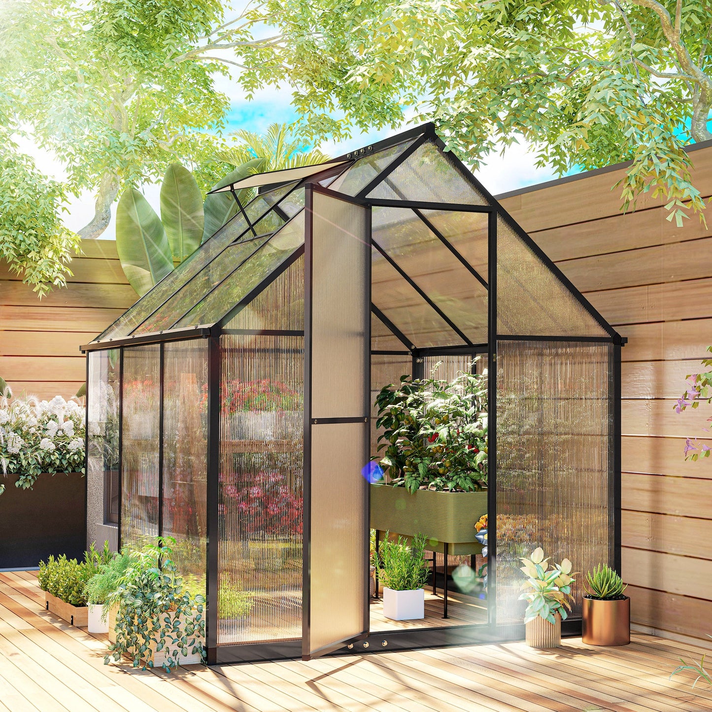 6 x 6.5ft Polycarbonate Greenhouse with Swing Door and Adjustable Window, Walk-in Greenhouse with Rain Gutter, Aluminium Garden Green House for Patio Garden Backyard, Black