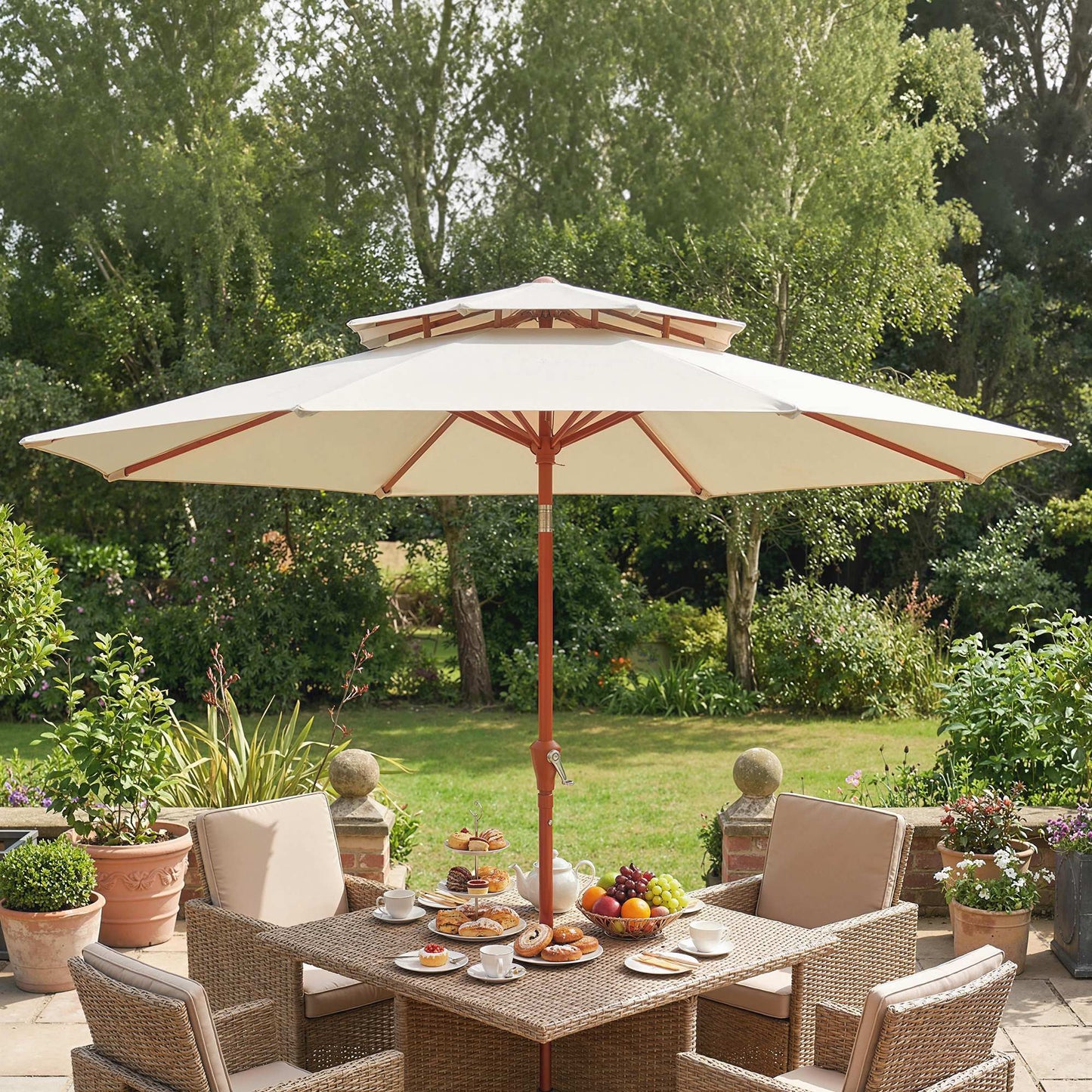 Patio Umbrella with Crank, Double Top Outdoor Market Table Umbrella for Garden, Patio,104'' x 104'', Cream White