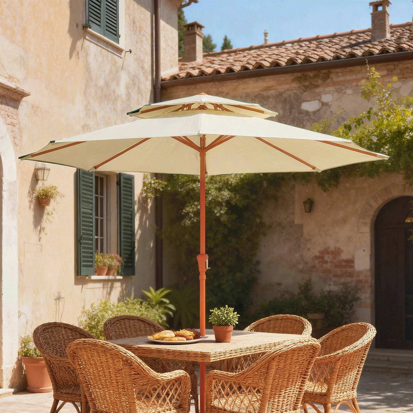 Patio Umbrella with Crank, Double Top Outdoor Market Table Umbrella for Garden, Patio,104'' x 104'', Cream White