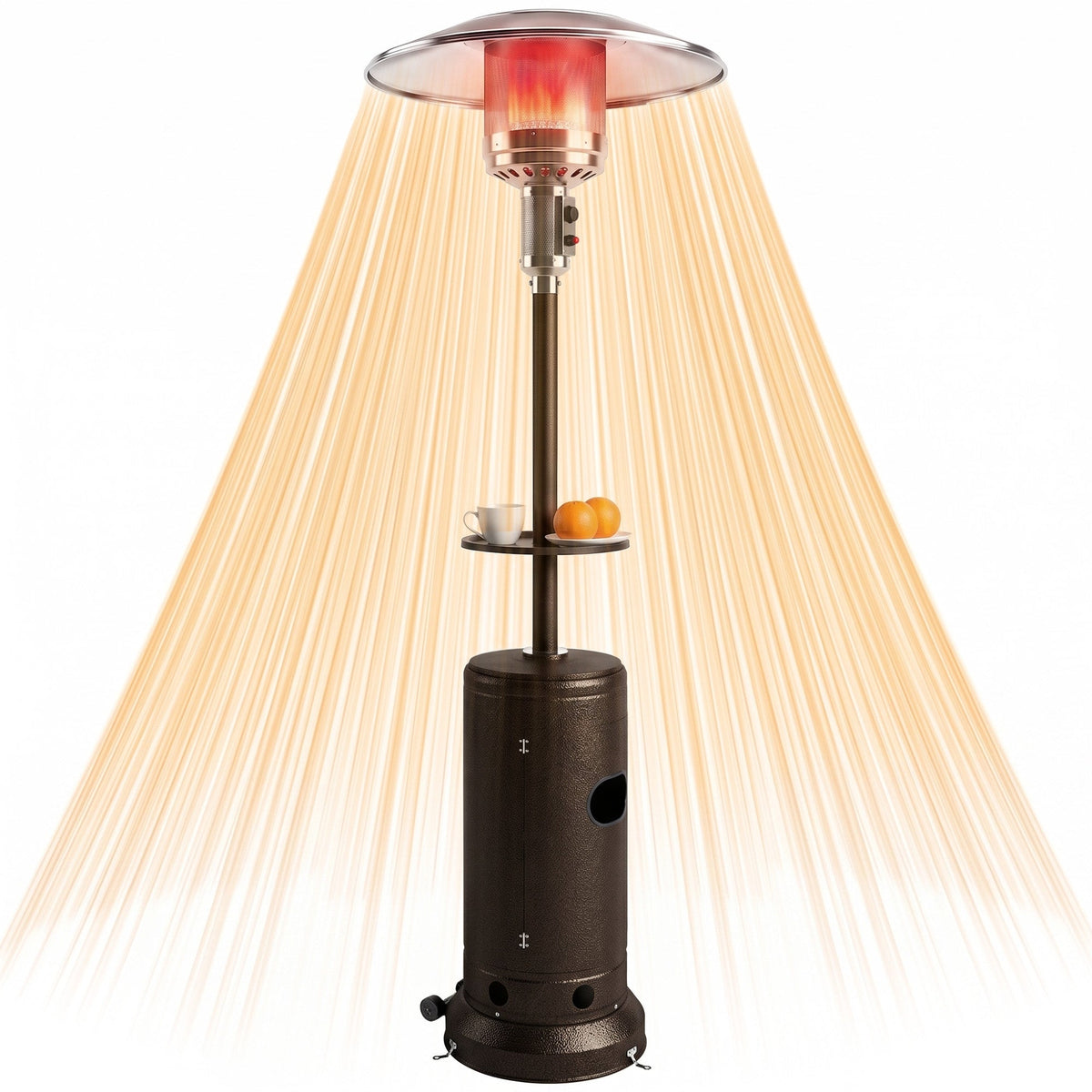 Gas Patio Heater with Table Tray, 13 kW Portable Propane Outdoor Heater with Stepless Heat Control, Piezo Ignition, Tip-over Protection, 2 Wheels for Garden, Brown