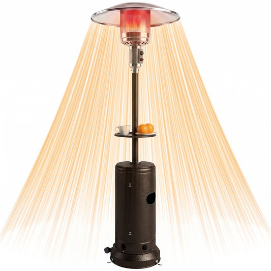 Gas Patio Heater with Table Tray, 13 kW Portable Propane Outdoor Heater with Stepless Heat Control, Piezo Ignition, Tip-over Protection, 2 Wheels for Garden, Brown