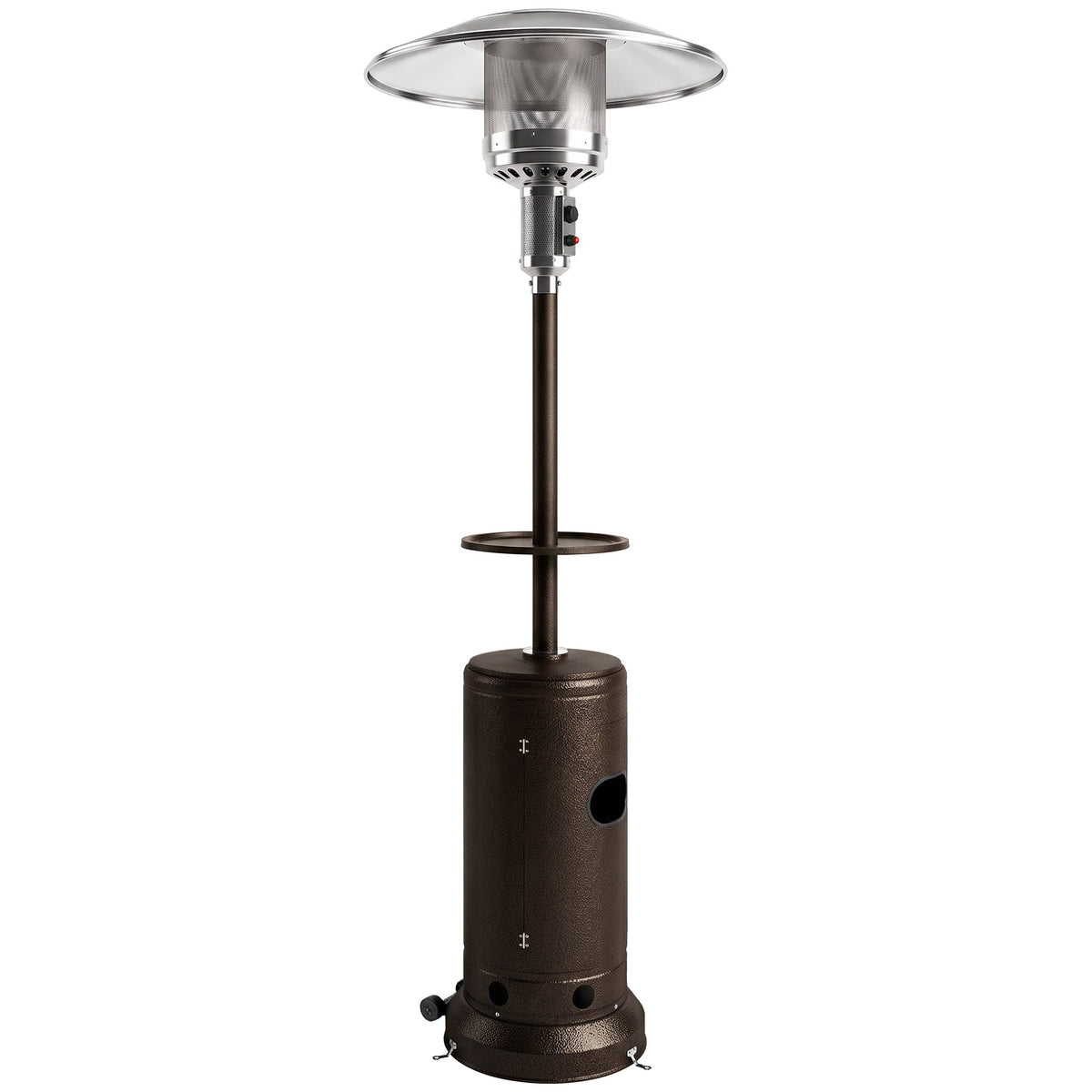 Gas Patio Heater with Table Tray, 13 kW Portable Propane Outdoor Heater with Stepless Heat Control, Piezo Ignition, Tip-over Protection, 2 Wheels for Garden, Brown