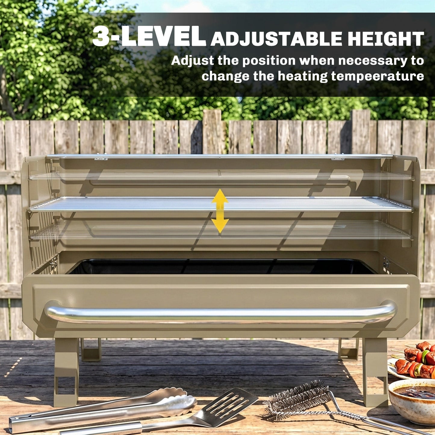Portable BBQ Grill, Charcoal Barbecue Grill with Adjustable Grates, Foldable Legs and Side Shelf for Camping Hiking Picnic Travel Garden Outdoor Cooking, Khaki