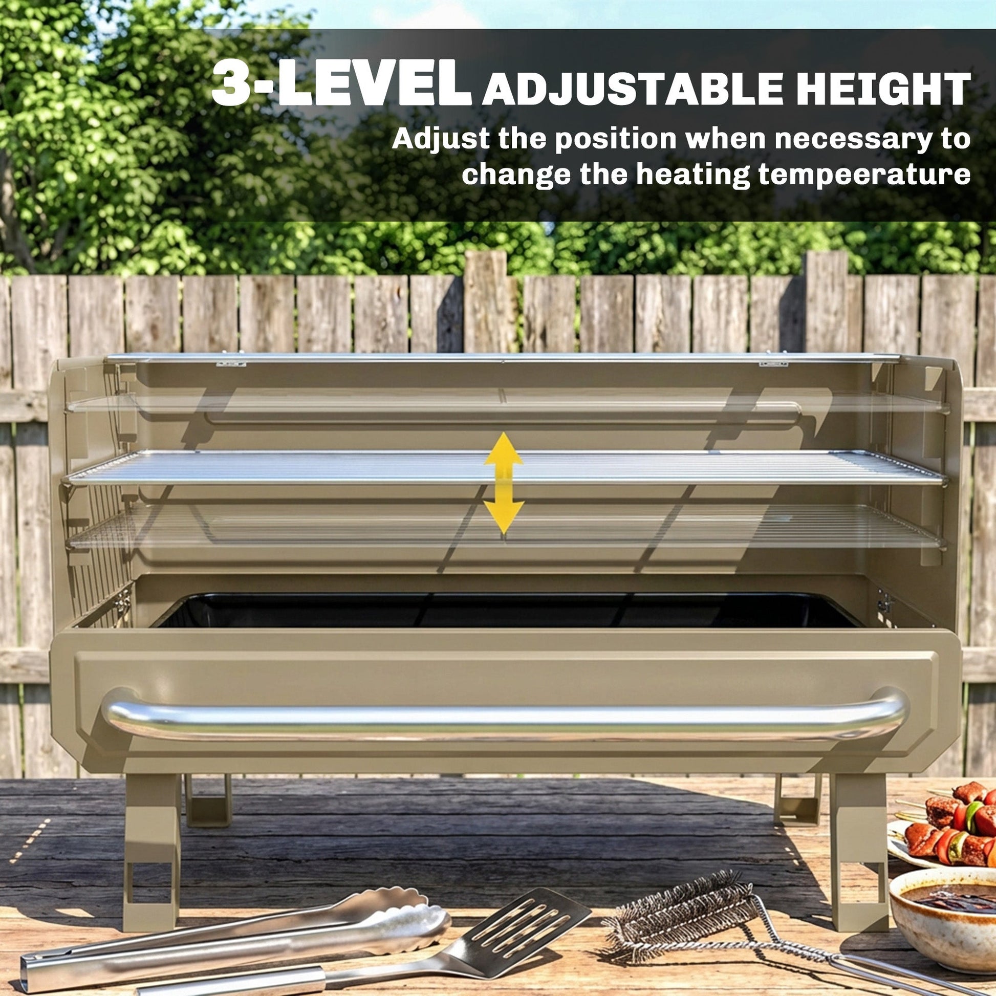 Portable BBQ Grill, Charcoal Barbecue Grill with Adjustable Grates, Foldable Legs and Side Shelf for Camping Hiking Picnic Travel Garden Outdoor Cooking, Khaki