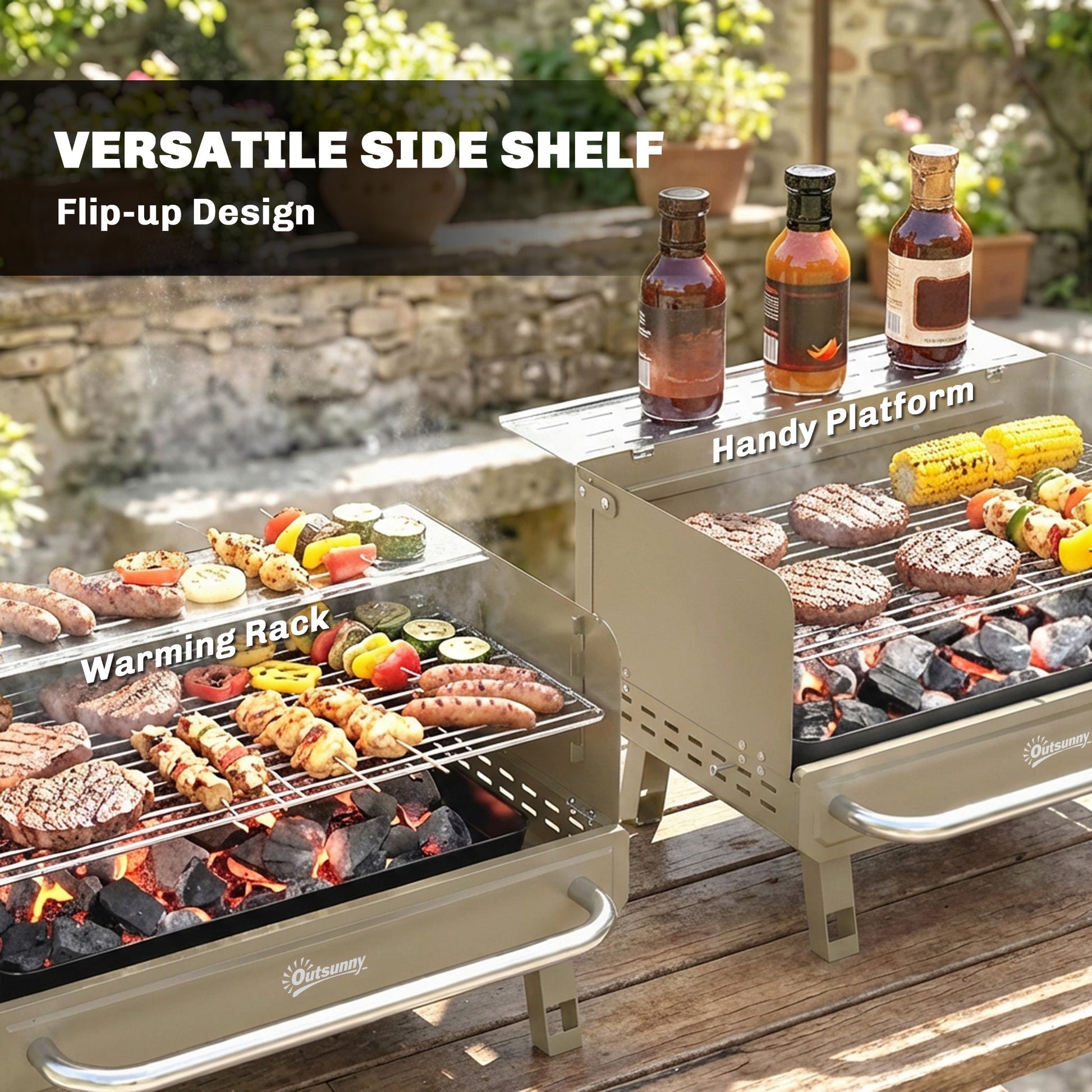 Portable BBQ Grill, Charcoal Barbecue Grill with Adjustable Grates, Foldable Legs and Side Shelf for Camping Hiking Picnic Travel Garden Outdoor Cooking, Khaki